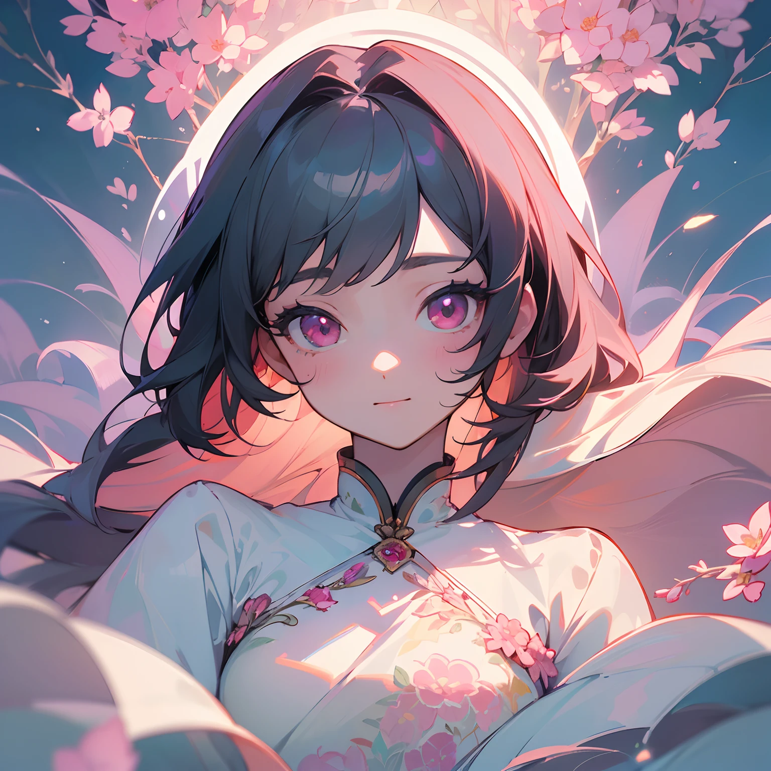 ((masterpiece)),((top-quality)),((The ultra-detailliert)),(illustratio),(Delicate and beautiful),(dynamic ungle),1 cute girl,florals、、length hair、A detailed face、Pink eyes、A slight smil