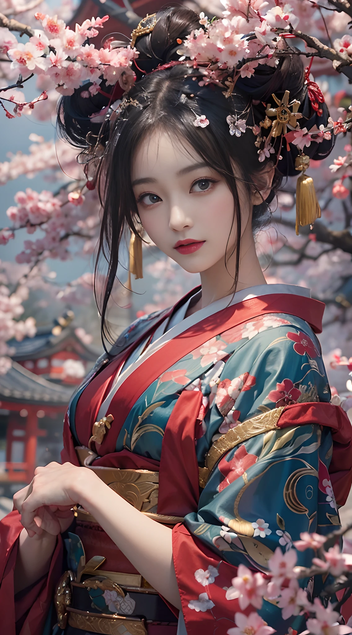 In a futuristic scene, Geisha in Japan with mechanical reinforcement、Elegant in the elaborate gardens. She has beautifully detailed eyes and lips that complement her face. Geishas wear traditional kimonos with intricate patterns and designs. Around her are bright cherry trees and a quiet carp pond. The scene is painted with a blend of illustration and photorealism, Ultra-detailed brush strokes and clarity, Vivid colors. Lighting emphasizes the elegant features of the geisha, Gives her porcelain skin a soft glow. Artwork is of the highest quality, 4K or 8K resolution, Showcase the intricate details of geisha attire, cherry trees, And the shimmering scales of carp. The overall color scheme is、It is a combination of traditional shades of Japan, Crimson, etc., blacks, and subtle gold accents, With a futuristic twist. The fusion of ancient traditions and modern technology is、Create captivating and visually impressive masterpieces.