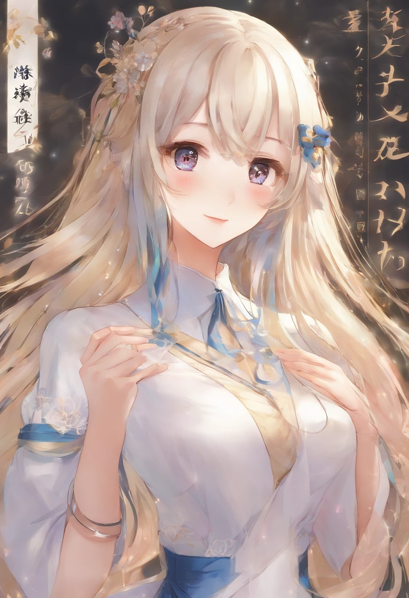 masterpiece, best quality, standing, light smile, long hair, bangs, blue eyes, 4'11 petite and thin moe anime girl with long, silky golden blonde hair flowing freely down her back. She has pale and soft skin accompanied by big, captivating blue eyes with naturally long and curled eyelashes. Her cute rosy cheeks and soft, pink lips add to her delicate, pretty appearance. With her delicate, pretty appearance and perfect, plump, huge, squishy yet firm, round, perky anime-like boobs, she exudes a youthful charm that makes her the embodiment of a moe anime girl.