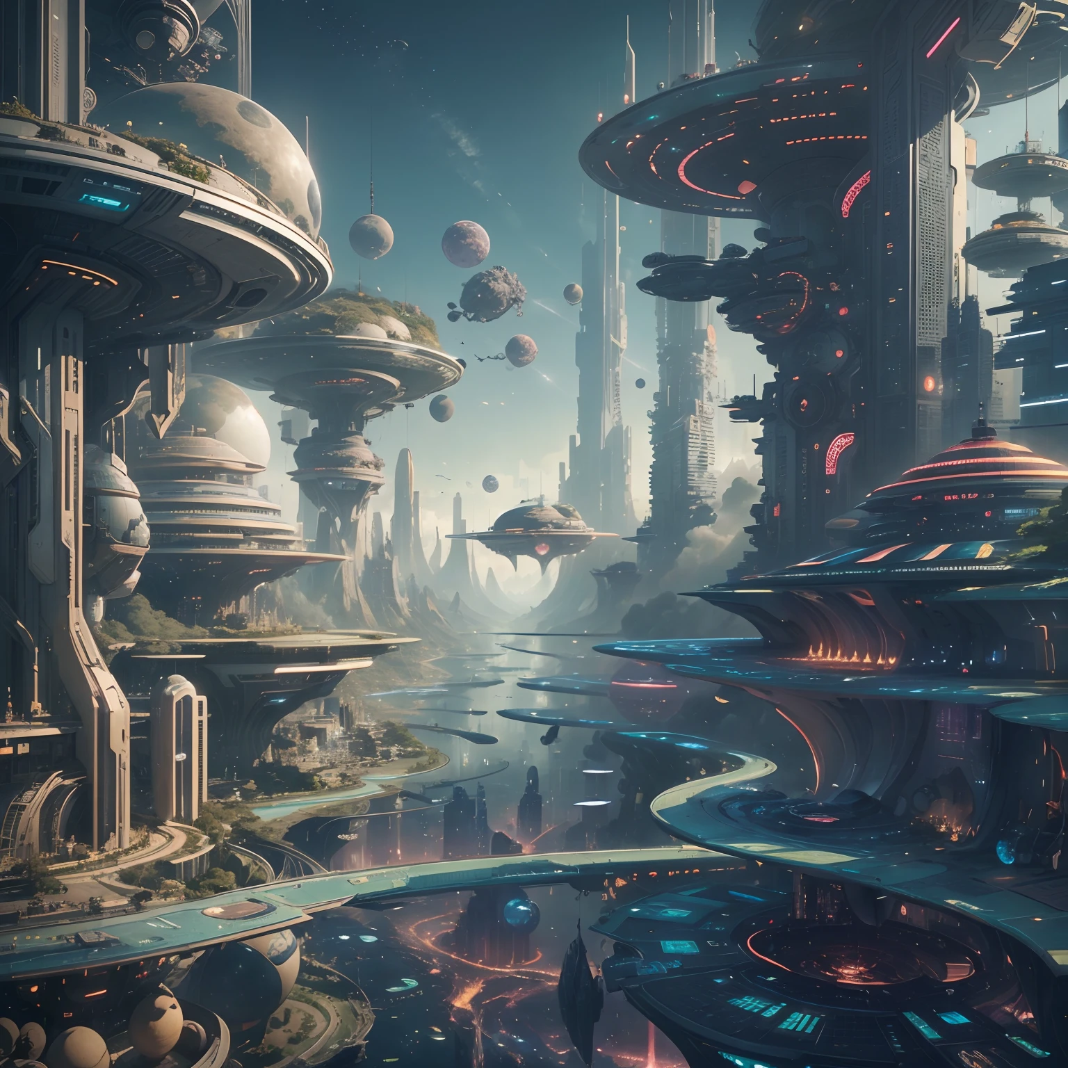 Space City、Futuristic cities、alien、floating in the universe、cyberpunked、Skyscrapers line the streets、A space station、top-quality、​masterpiece、２４century、dream、utopian、planet earth、World of Dreams、Fantasia、𝓡𝓸𝓶𝓪𝓷𝓽𝓲𝓬、Beautiful city