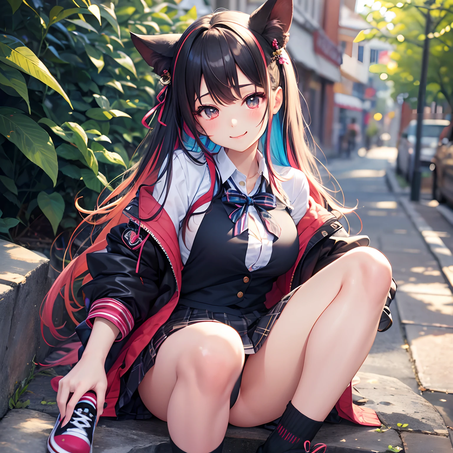 Lori Girl,Punipuni cheeks,smil,girl,top-quality,masterpiece,multicolored hair,HD Images、,校服,blazers,Loose Socks,a beauty girl,Beautiful girl with perfect facial features,