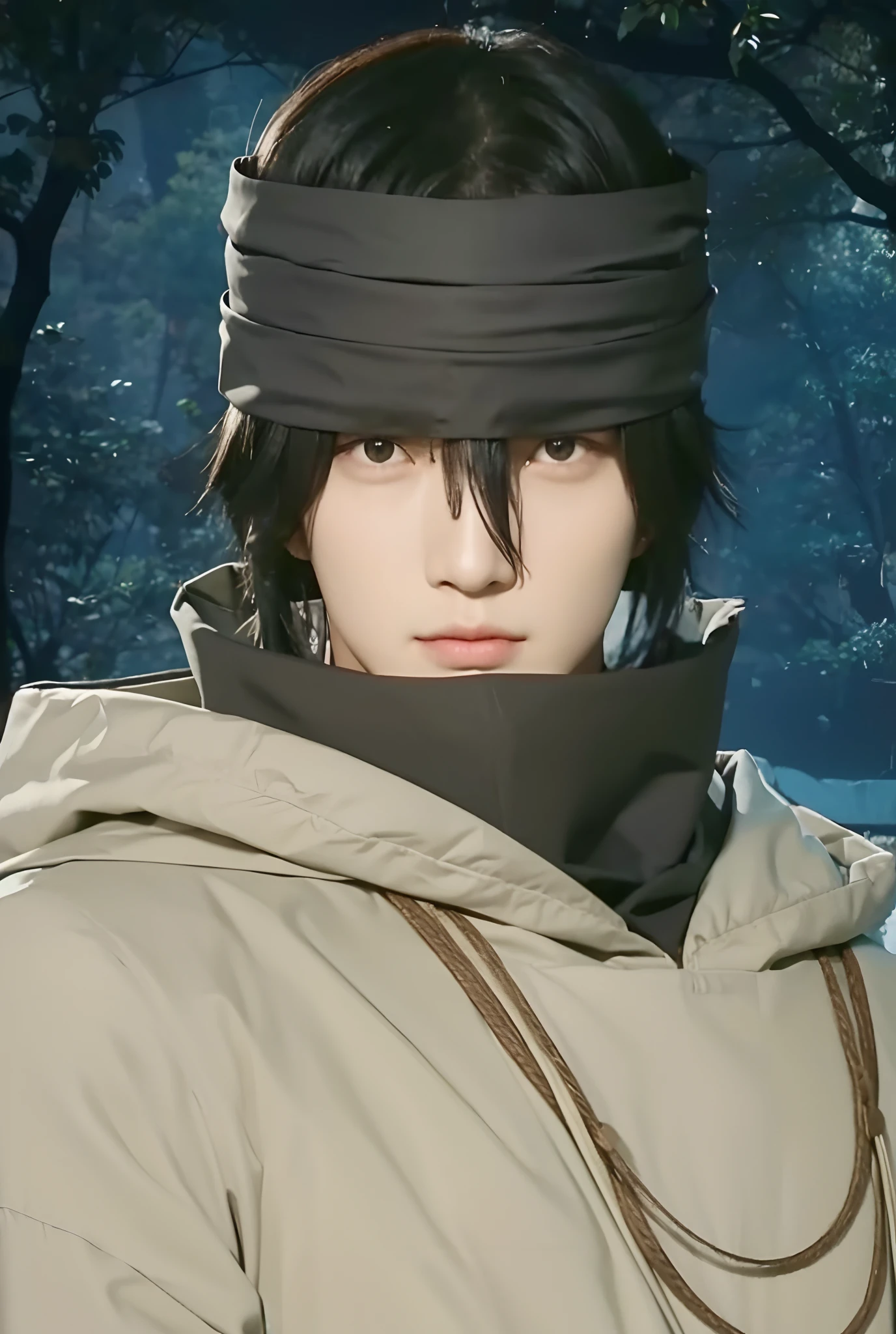 Real life adaption of this character, Korean handsome face , realistic black hair,A black cloth is wrapped around his head, realistic same outfit, realistic light, realistic shadow, realism, hyper realistic,(photorealistic:1.2)