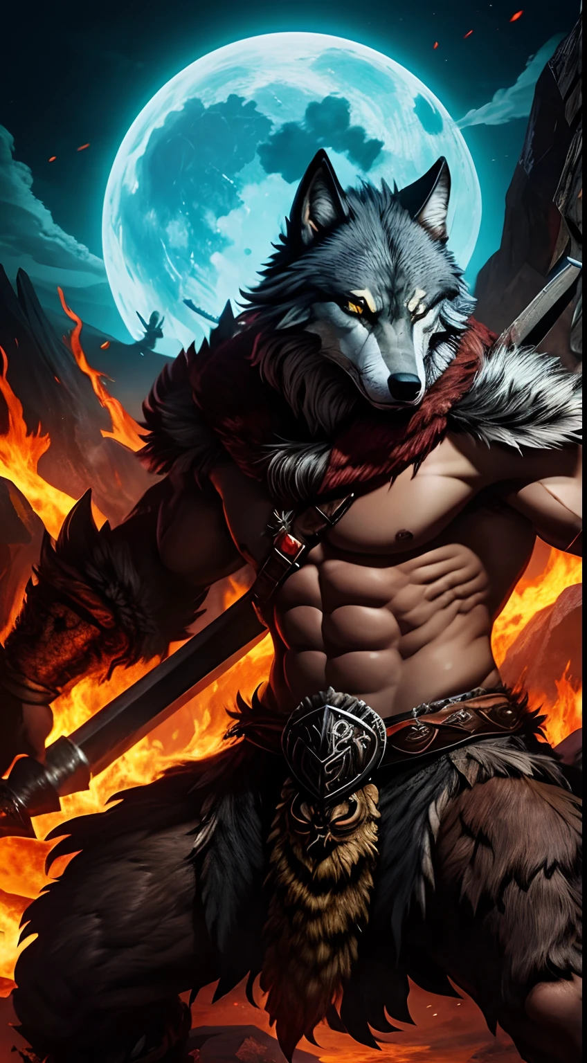 wolf mask creature, barbarian style, full body, fighting, lava background, masterpiece, ultra high quality