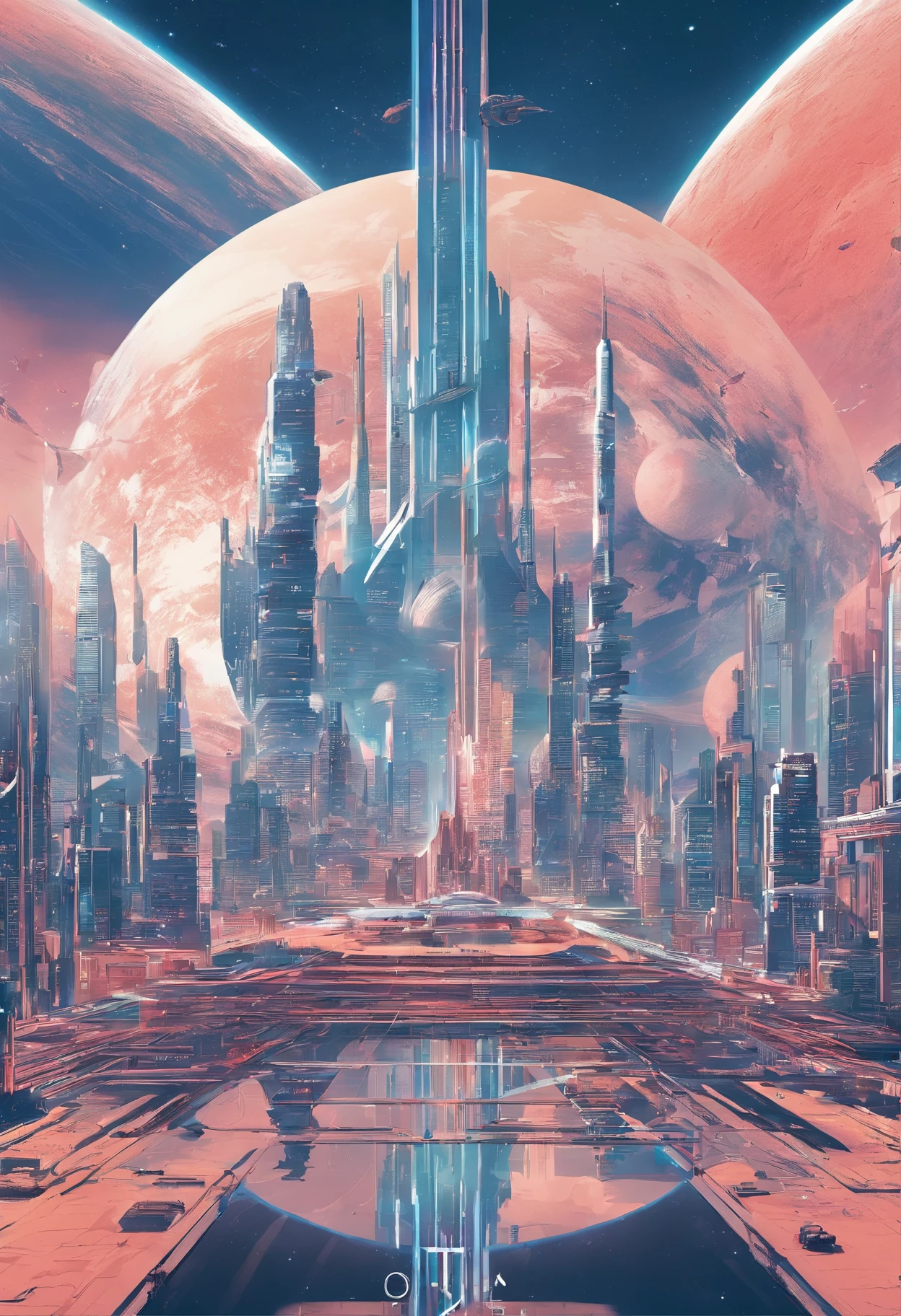 Space City、Futuristic cities、alien、floating in the universe、cyberpunked、skyscrapers line up、A space station、top-quality、masterpiece、24century、dream、utopian、planet earth、World of Dreams、Fantasia、𝓡𝓸𝓶𝓪𝓷𝓽𝓲𝓬、Beautiful city
