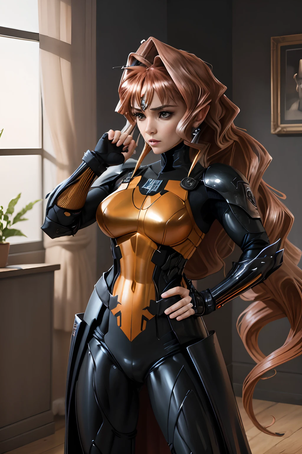 Una mujer con un traje negro y naranja sosteniendo una espada, Deathstroke, Pose ruda, Traje X-Force de cuerpo completo, Boceto coloreado de alta calidad, coloreado digitalmente, epic, celda sombreada!!!, Foto de perfil