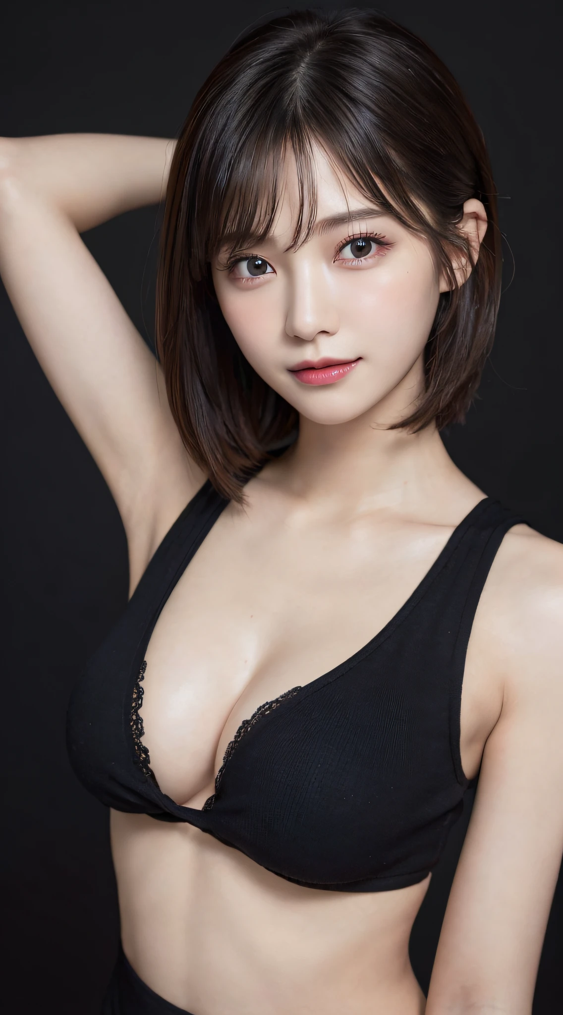 Innocent 20 year old girl、((Black tank top, Dramatic poses)),Smile,short-cut,General room、Raw photo, (8K、top-quality、masterpiece:1.2)、(intricate detailes:1.4)、(Photorealsitic:1.4)、octane renderings、Complex 3D rendering ultra detail, Studio Soft Light, Rim Lights, vibrant detail, super detailing, realistic skin textures, Detail Face, Beautiful detail eyes, Very detailed CG Unity 16k wallpaper, make - up, (detailedbackground:1.2), shinny skin, Full body、cleavage of the breast,((pulling the hands up,Gesture to undress,Nipples are see-through))
