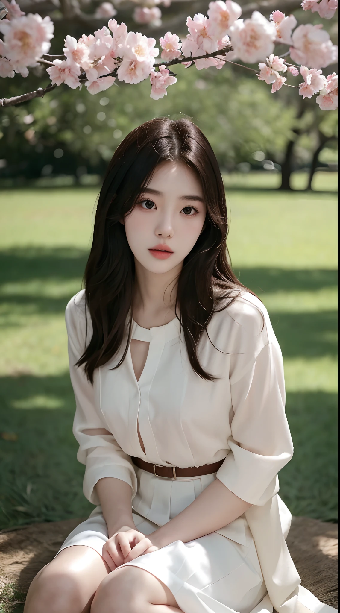 (Best quality, Masterpiece), 1girll, Korean girl，18yr old，Absolutely beautiful, Amazing, In the park，Under the peach blossoms，Noble,perfect bodies, Perfect face shape，Charming eyes，Bright big eyes，Long eyelashes，sensual lip，White skin，The gauze skirt flew up，Very real，goodlooking，Ethereal beauty