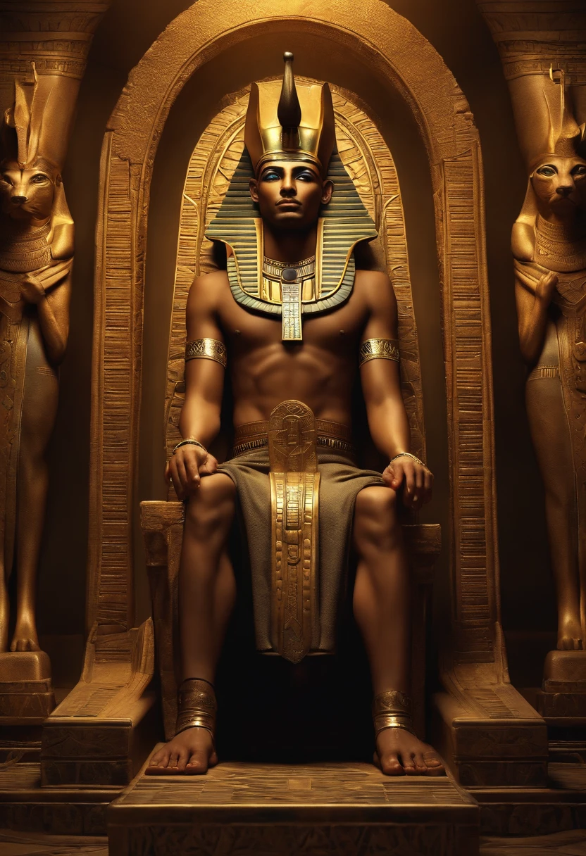 Egyptian kingdom, man, wearing the head of an anubis dog, tense atmosphere, sitting on the throne