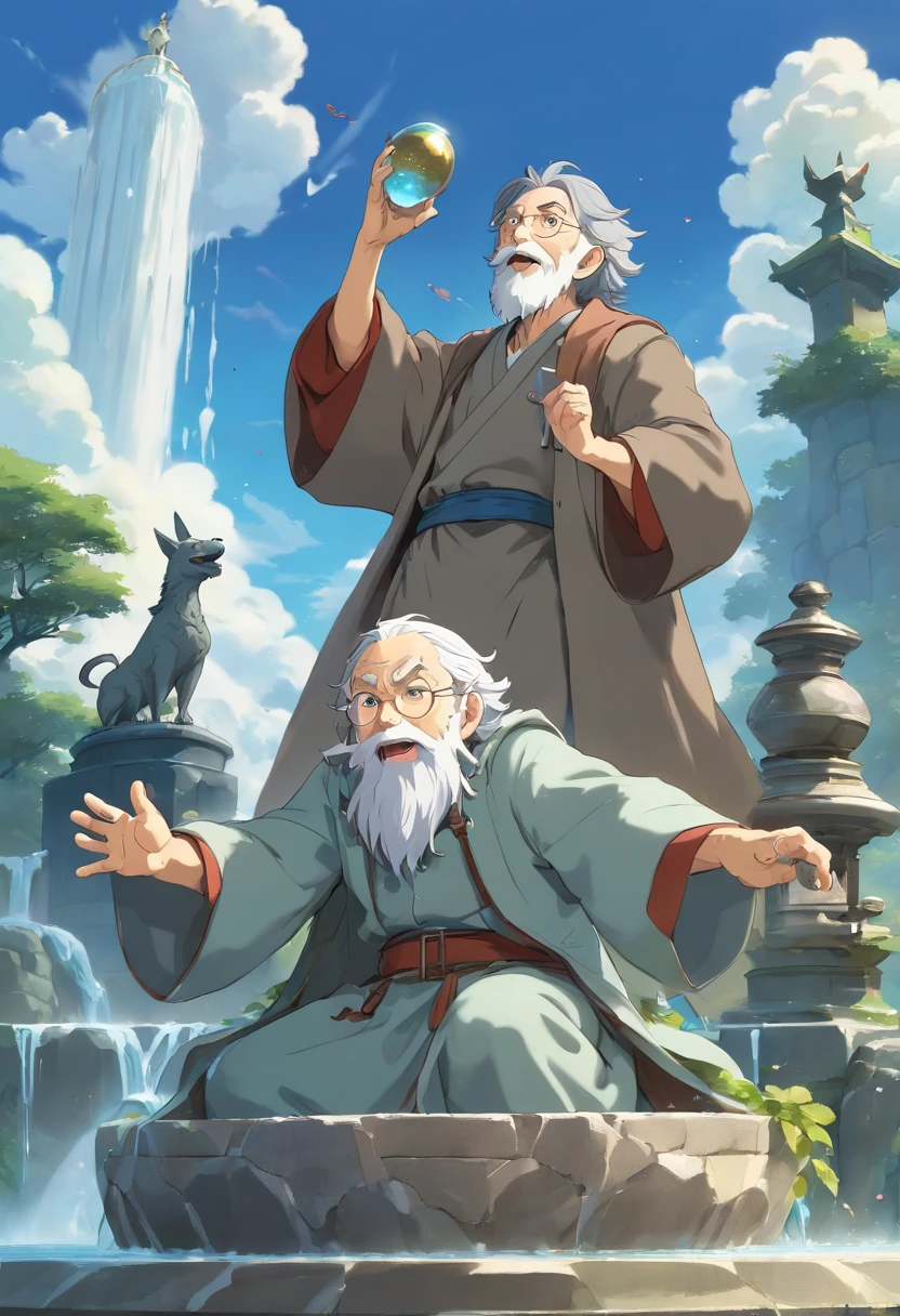 Slowly trickling fountain with a (Statue) of an old bearded mideval alchemist shouting into the sky, while holding a stone in on hand and a potion bottle in the other. Old man is made of stone, grey skin, grey clothes, grey hair