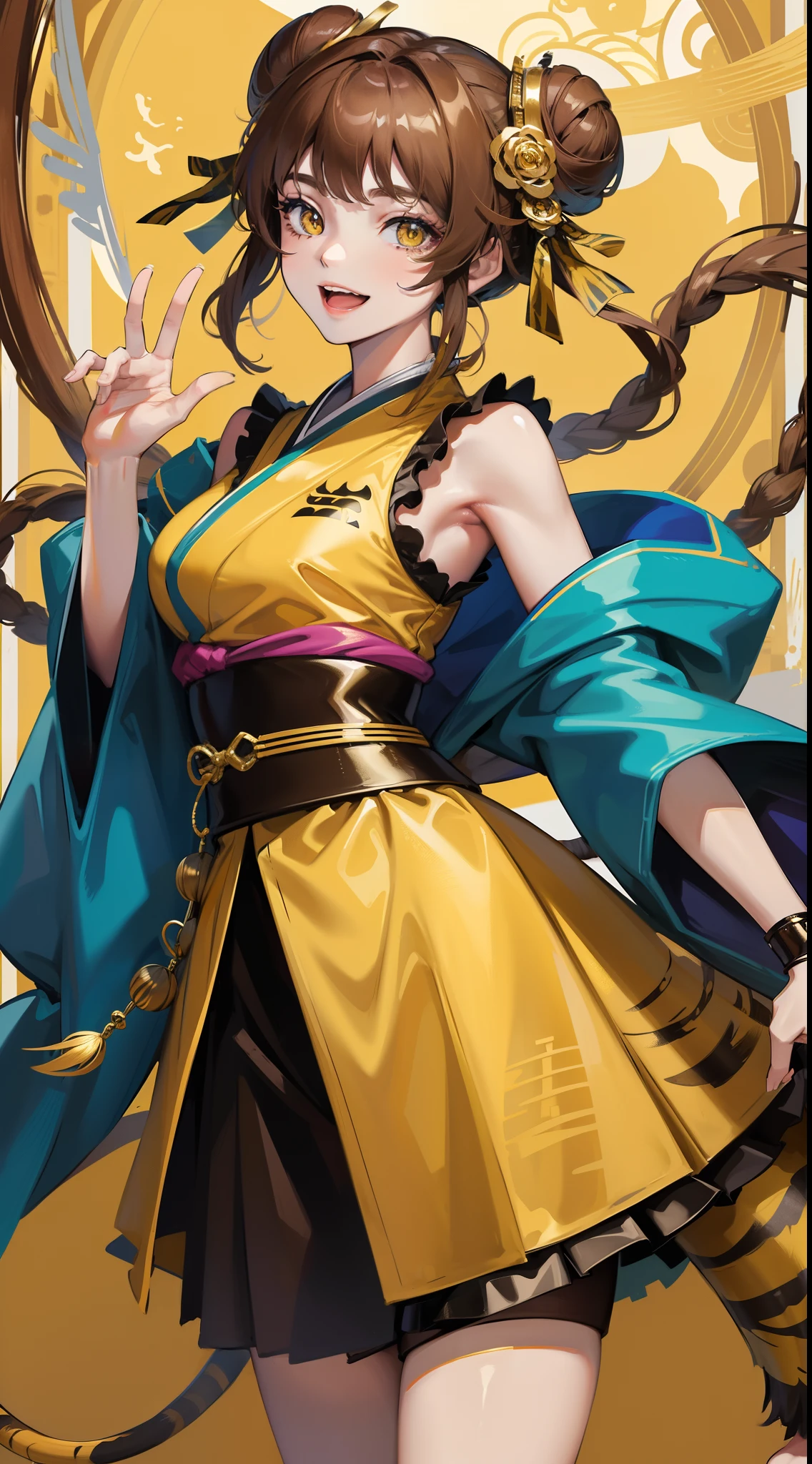 Young girl, short brown hair, two buns, yellow eyes, Smile, tiger tail, blue kimono, gold details, sleeveless, shorts, Masterpiece, hiquality, 4k, HD, Good detail