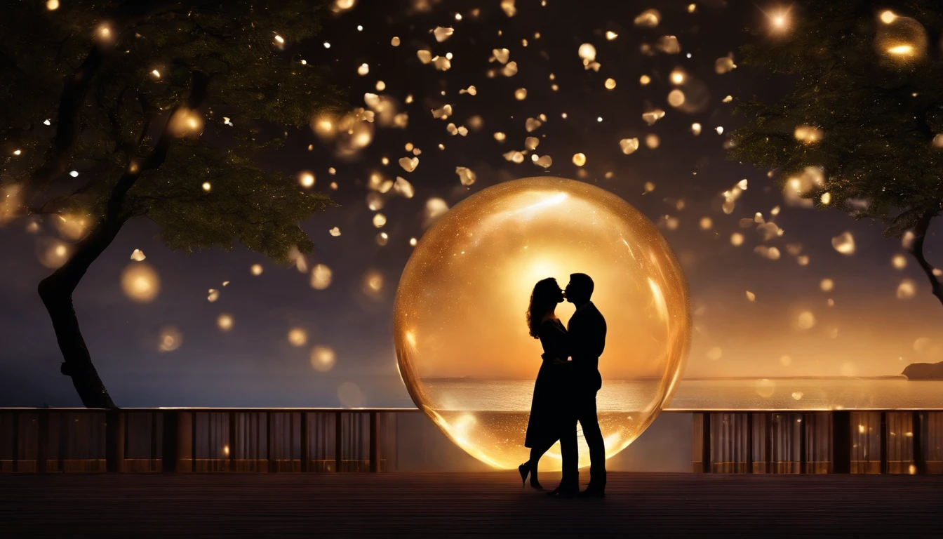 Romantic couple kissing in the wind,Boys and girls,glowing stars,Glow effects,Heart-shaped bubbles,the night,On a cruise ship,The face is clear and accurate,detail in face,super-fine,beachside,16K resolution,high qulity,电影灯光,High picture detail,dynamic viewing angle,Detailed pubic hair,Epic shooting,oc rendered