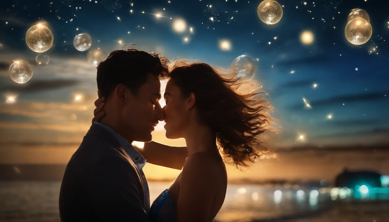 Romantic couple kissing in the wind，Boys and girls，glowing stars，Glow effects，Heart-shaped bubbles，the night，On a cruise ship，The face is clear and accurate，detail in face，super-fine，beachside，16K resolution，high qulity，电影灯光，High picture detail，dynamic viewing angle，Detailed pubic hair，Epic shooting，oc rendered