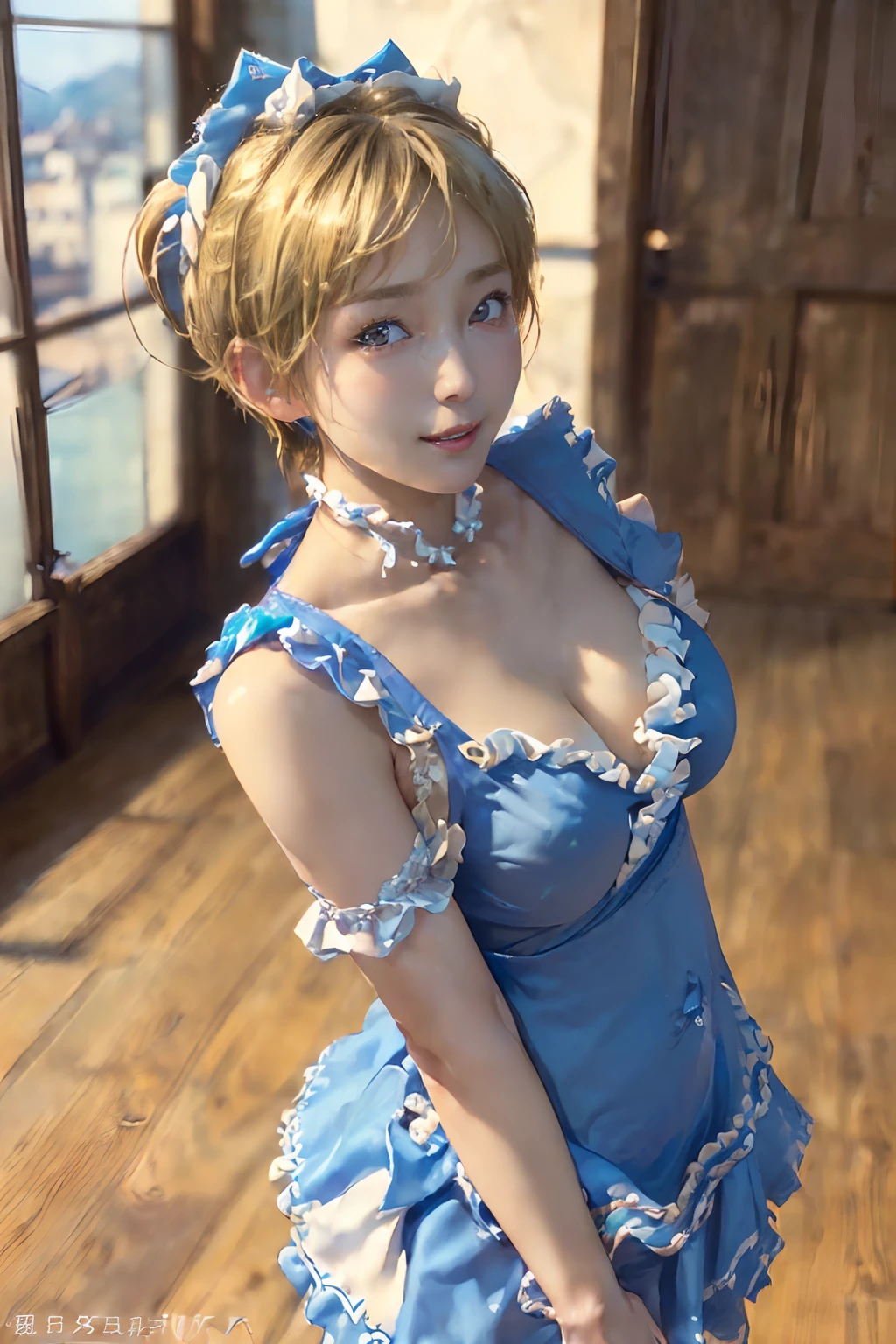 ((top-quality、8K、masterpiece:1.3)),Clear, Fine-grained skin、Beautiful clear eyes、cleavage of the breast、(Backshots:1.5)、Carefree and natural smile、(short blonde hair:1.5)、(Hair disheveled in the wind:1.3)、(Cute maid with frills:1.5)、Beautiful girl with a smile、Citizen Pool、(thin-waist:1.3)、(Dynamic and provocative poses:1.2)、