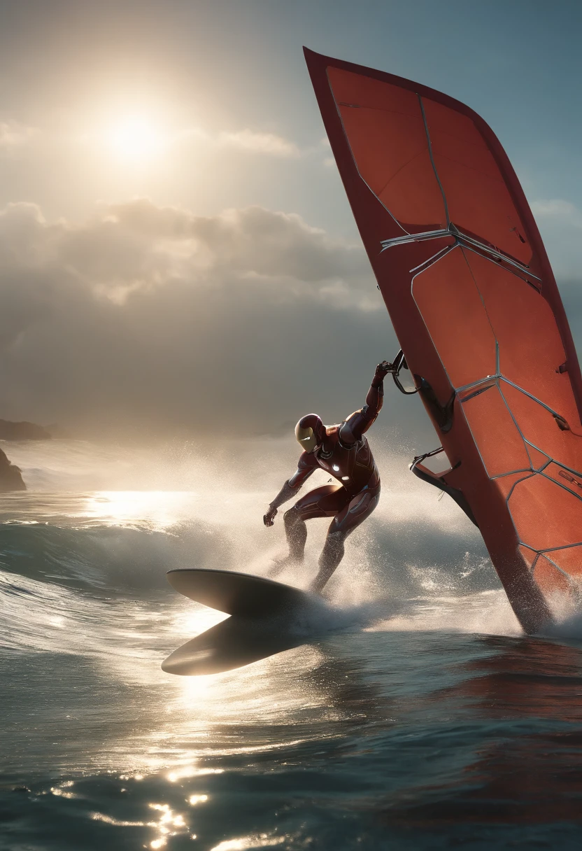 (Extremely detailed CG Unity 16k wallpaper:1.1), (Noise Removal Strength: 1.45), (tmasterpiece:1.37), Iron Man, Surfers wander on the waves with wide boards, Diamonds replace water/wave, High details