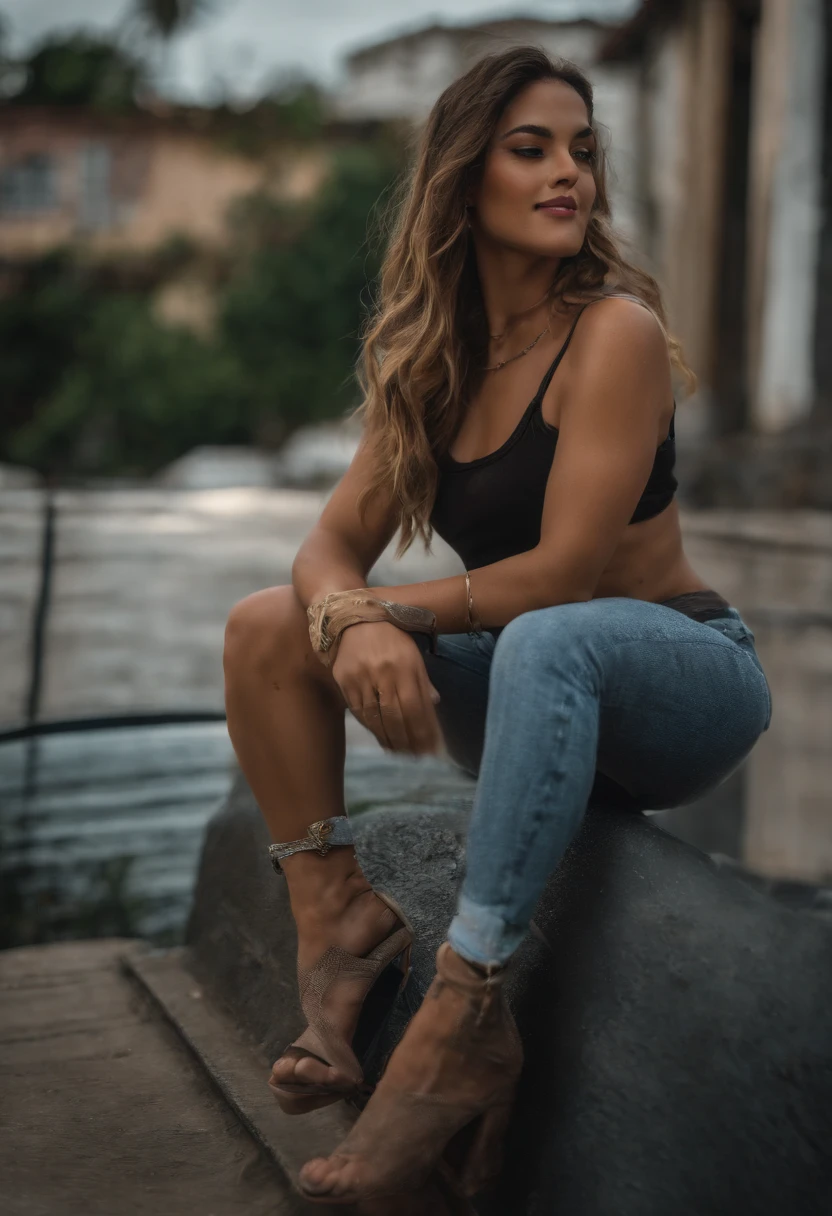 1girl, in alley, , punk style, brown hair, mullet-cut, full body, Latina, muscular, broad-shoulders, six pack, tan, tall, sitting on dildo, nude Dildo entering vagina, legs spread open