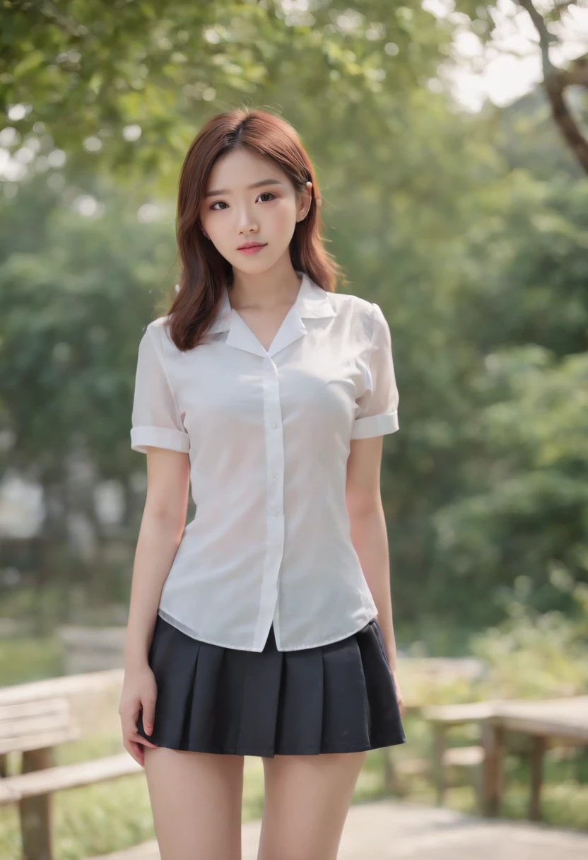 18 years old, Japan female, Long hair, Raw photo, Bokeh (Realism: 1.4, Realistic), high-definition CG unified 8K wallpapers, 1girl in, ((Slim body: 1)), (Small breasts: 1), Back to viewers, ((Direct view from the front)), (HQ Skin: 1.4), 8K UHD, Digital SLR, Soft light, High quality, Film grain, FUJI XT3, ((School uniform, Short skirt,See-through open skirt:1.5)), ((plein air, on the park))) jangjoo, Portrait,((Layered short haircuts, Black Hire,tiny chest:1.2)),(Looking at Viewer:1.4),(Full body:1.8)
