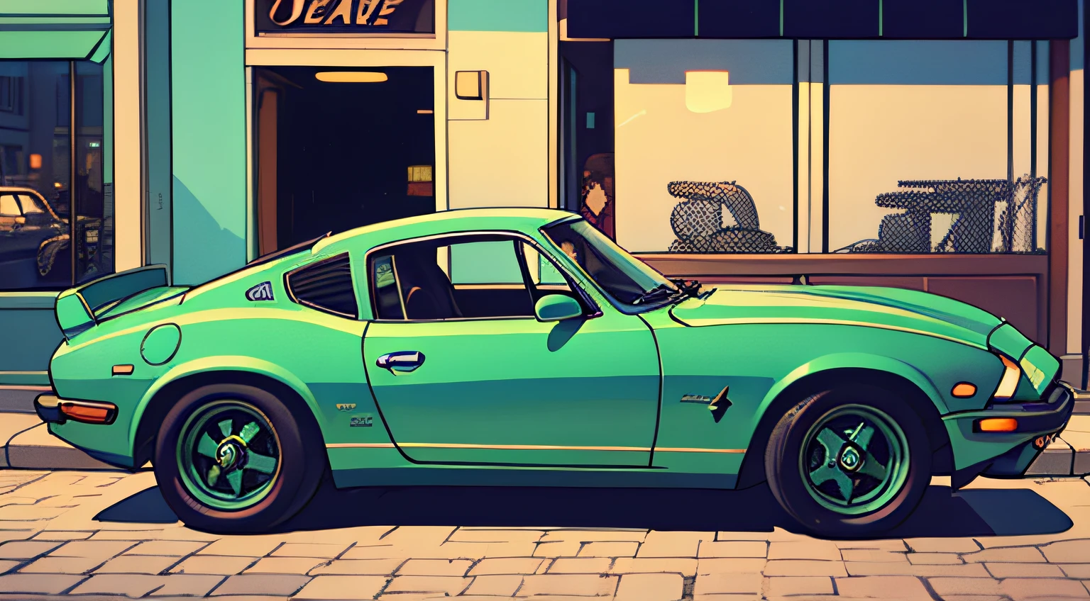 classic car of the 80s, such as Datsun 280Z sports car ultra-detailed, best quality, side view, colorful, in busy street of vintage shops and vintage restaurants in the background, perfect illumination and shadow.