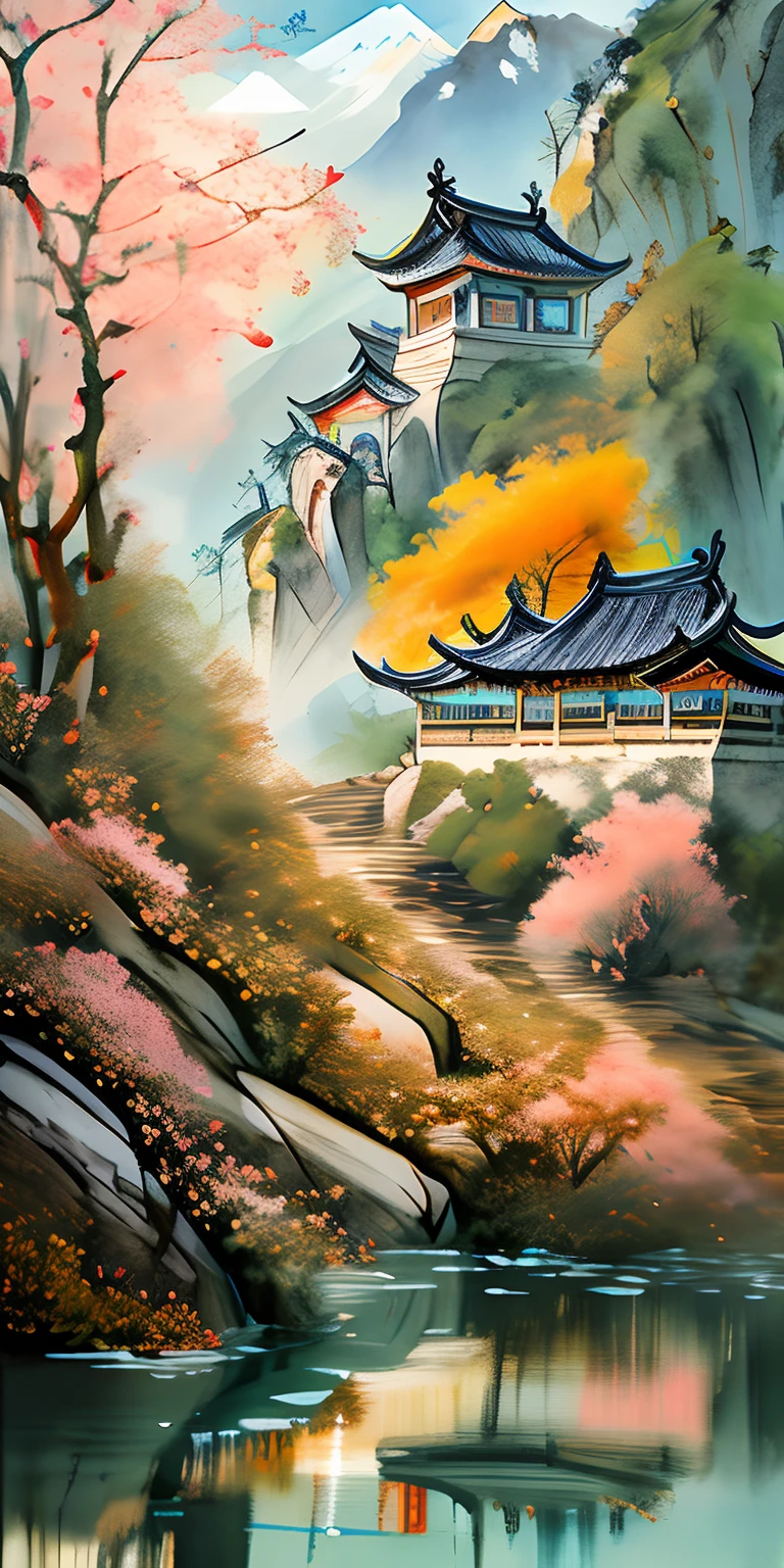 Chinese Antiquity,Magnificent palace,Immortal Palace,Photorealsitic,mountain water,
