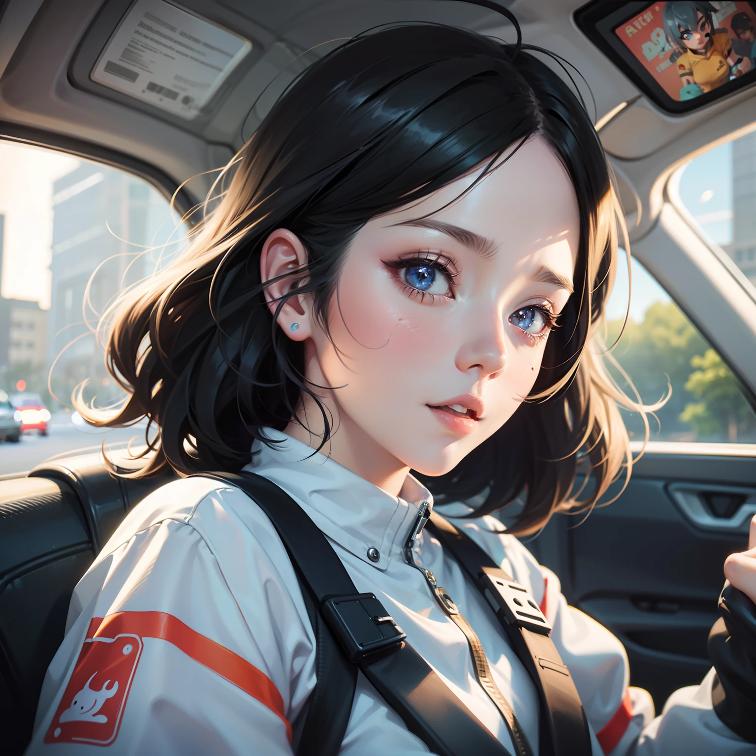 cartoon girl driving a car with a surprised look on her face, adorable digital painting, driving, driving a car, realistic cute girl painting, artwork in the style of guweiz, loish van baarle, cute detailed digital art, realistic cartoon, driving fast, pixar and ilya kuvshinov, by Goro Fujita, cute artwork