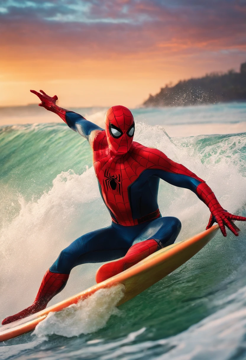 Spider-Man surfing on a surfboard
