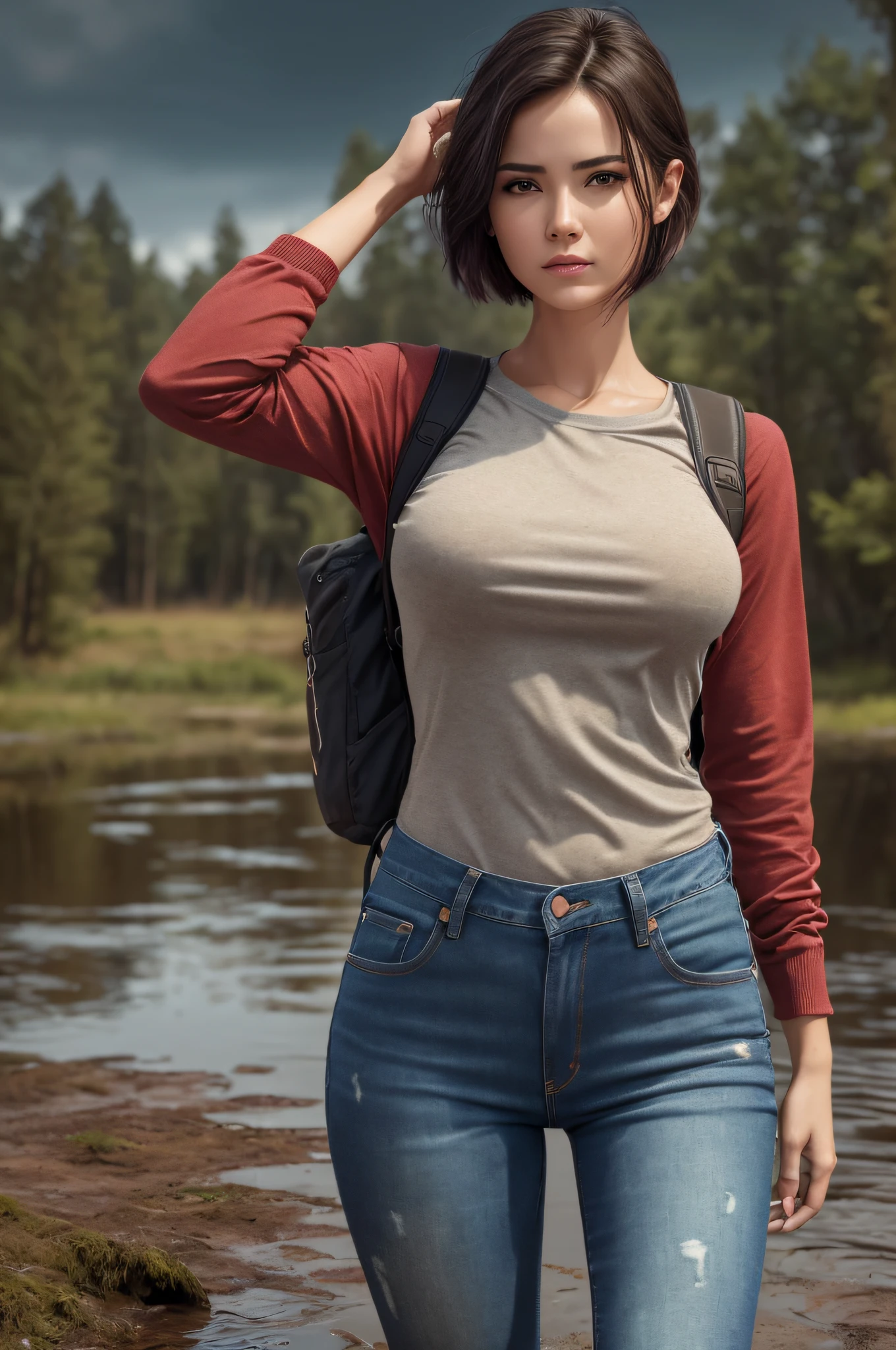 (Best Quality,4k,8K,hight resolution,Masterpiece:1.2),Ultra-detailed,(Realistic,Photorealistic,photo-realistic:1.37),The woman, drowning on her hips in a muddy swamp, Detailed jeans and wearing plain red t-shirt, with backpack, ominous vibe, short hair, Blurred moonlit sky, Subtle reflections on the surface of the water, Eerie landscapes, Stylish and fashionable clothes, Distinct facial features, Strong emotions.