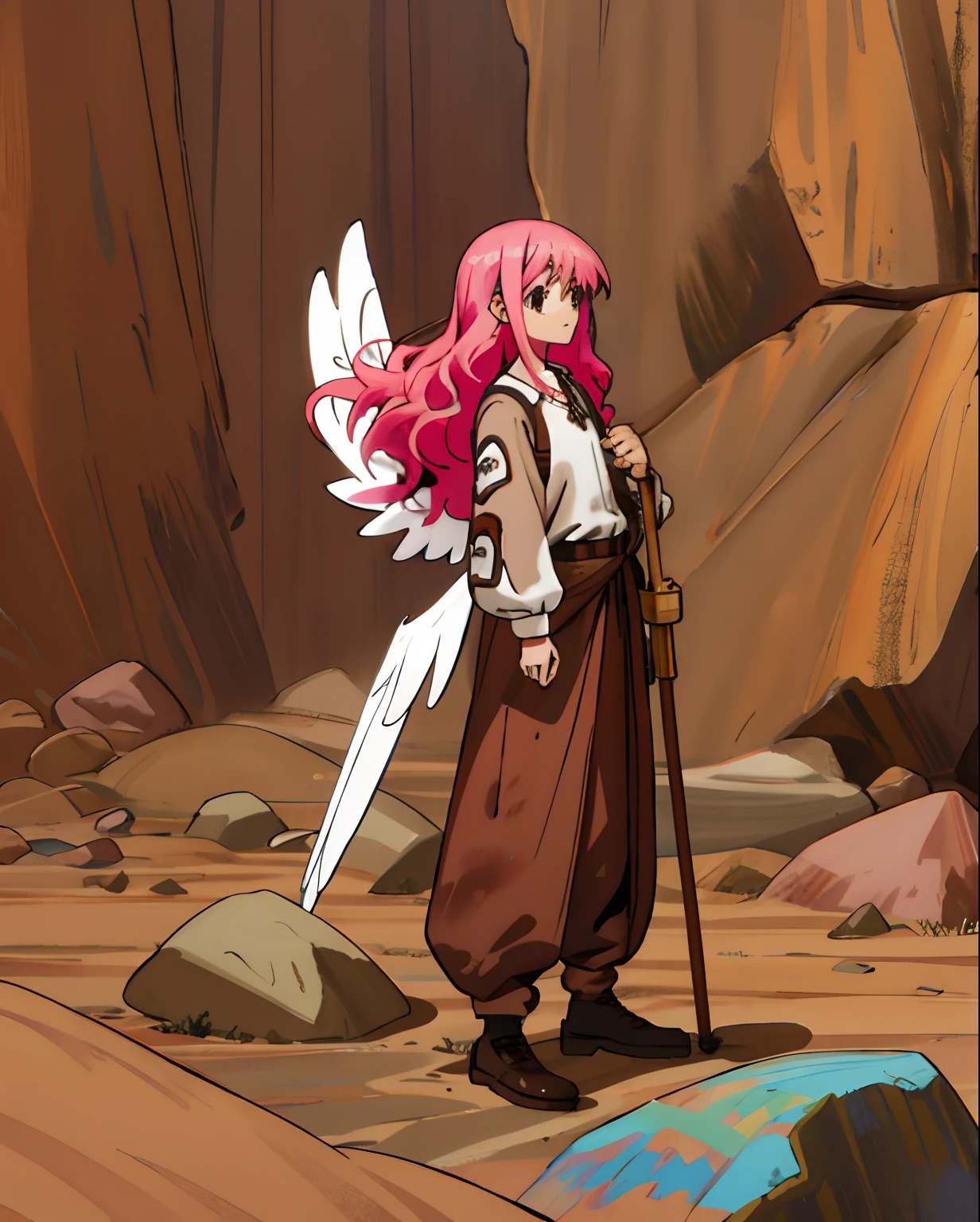 s girl,Pink Long Hair,Brown eyes,Wings,Rock ability,brown clothes,Face shot,Stand up,Poor milk,Standing painting,Upright