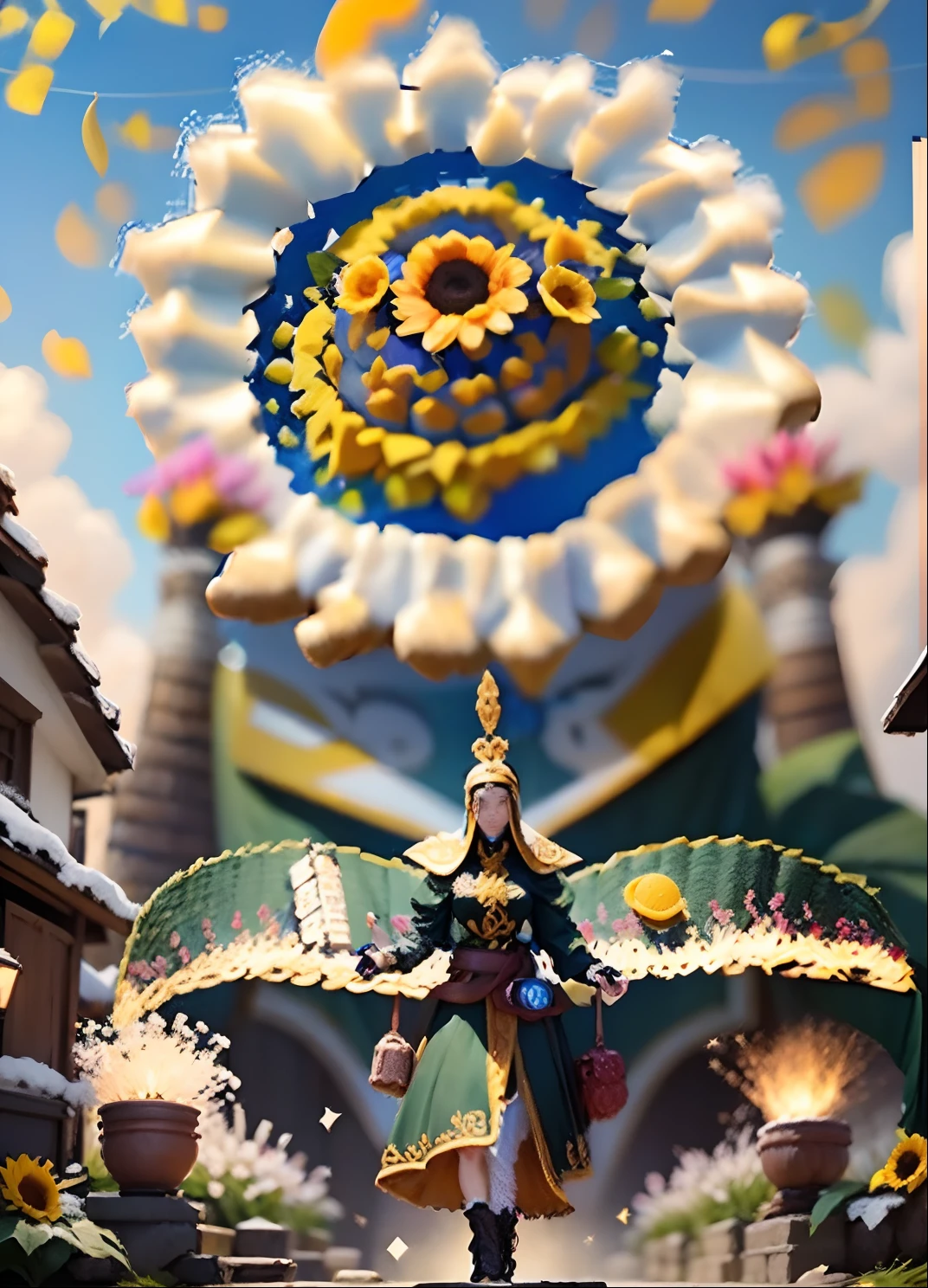 In a very grand scene,The extra-large wide-angle lens captures the appearance of a female centaur。She is a Sunflower Worship nun,Always opposed(Healing emoji smiley face of knitted sunflower puppet😊:99.99)DOA。She is tall,It has the ultimate curvy beauty,The muscles are slender and firm,Beautiful lines。She has(Super huge sky blue eyes:99.99)、always(Wearing sexy glasses:6.66)、(She wears solemn nun attire:9.9)、Stepping on a boot-style skyscraper-heel、A pink cross hangs on his chest。Use Midjourney's advanced tools,Designed for female centaurs(A knitted sunflower puppet and create a super healing cartoon smiley face in the center of the flower tray as a decoration:9.9),and noble and solemn nun costumes,and highlight her unique physiological characteristics and appearance details,Add realism。And in the context of her prayers and listening to confessions,Spectacular views of nature,Such as the sky where storms and sunny days alternate、Brilliant rivers of stars and auroras、The snow-capped summit of Mount Everest、Fireworks in the mountain town, etc。ao mesmo tempo,Away from the hustle and bustle next to the chapel,Create a fantastic scene。Use Midjourney's advanced tools and multiple color palettes、Brush Strokes、Texture tools and model packages,It shows a sense of atmosphere where beauty and charm coexist。The charm of the female centaur is highlighted through color and lines,Enhance realism with detailing,Create a surreal dreamy feeling。Additionally,Use Midjourney's tools to add various exorcism props and books to the female centaur、pergaminhos,Create intricate hairstyles and outfits,Give her a sense of premium。She never flinches,No matter what monster you encounter,can respond quickly,Even the most extreme armies of natural disasters and monsters could not stop her and her front(Sunflower with Tyndall effect that emits sunlight9.99)。Use Midjourney's powerful tools,You can do it with incredible detail and beauty,Bring this ultra-grand and beautiful scene to life。Ultra-grand sc