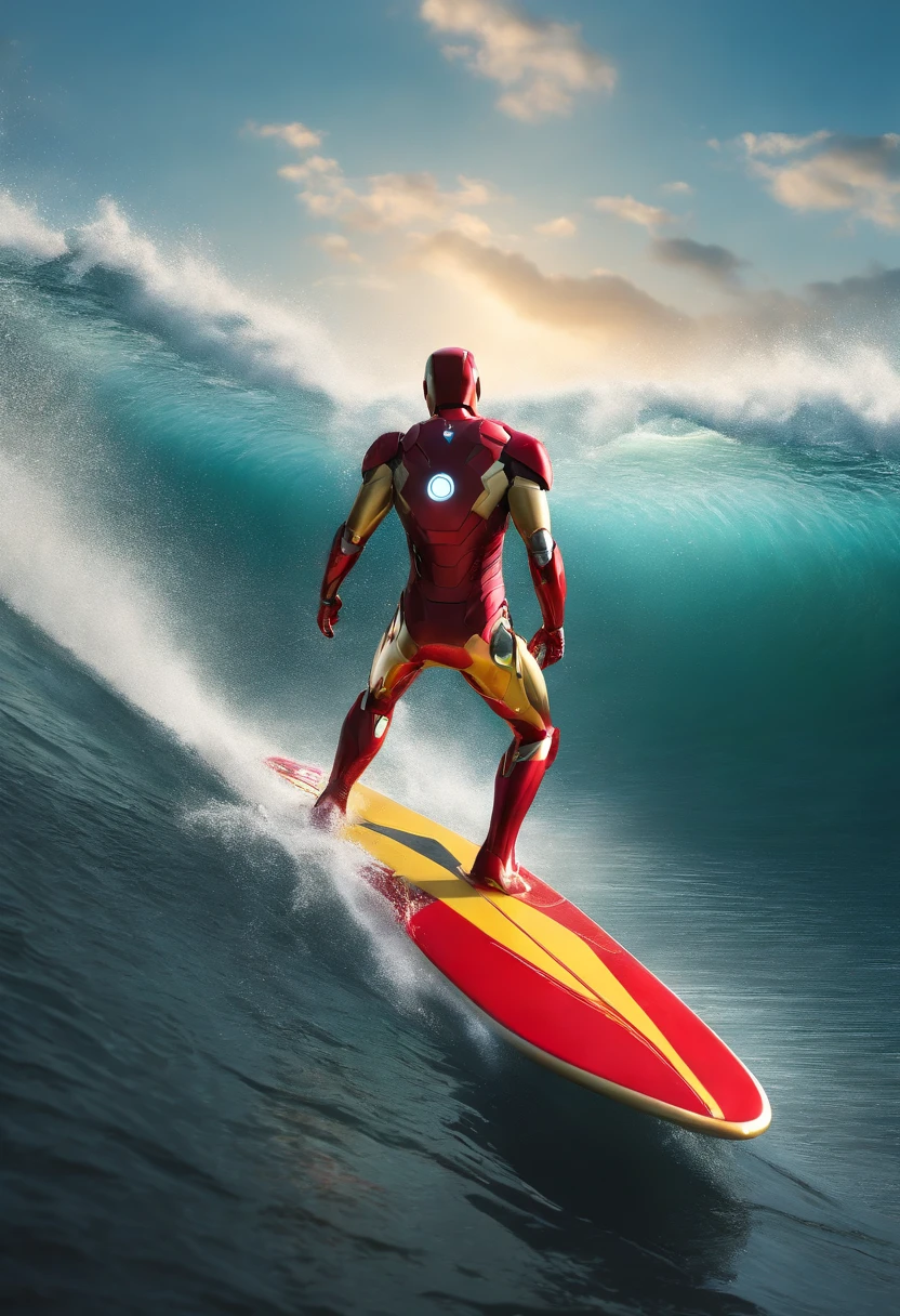 (Extremely detailed CG Unity 16k wallpaper:1.1), (Noise Removal Strength: 1.45), (tmasterpiece:1.37), Iron Man, Surfers wander the waves with wide surfboards, Diamonds replace water/wave, High details,Faraway view