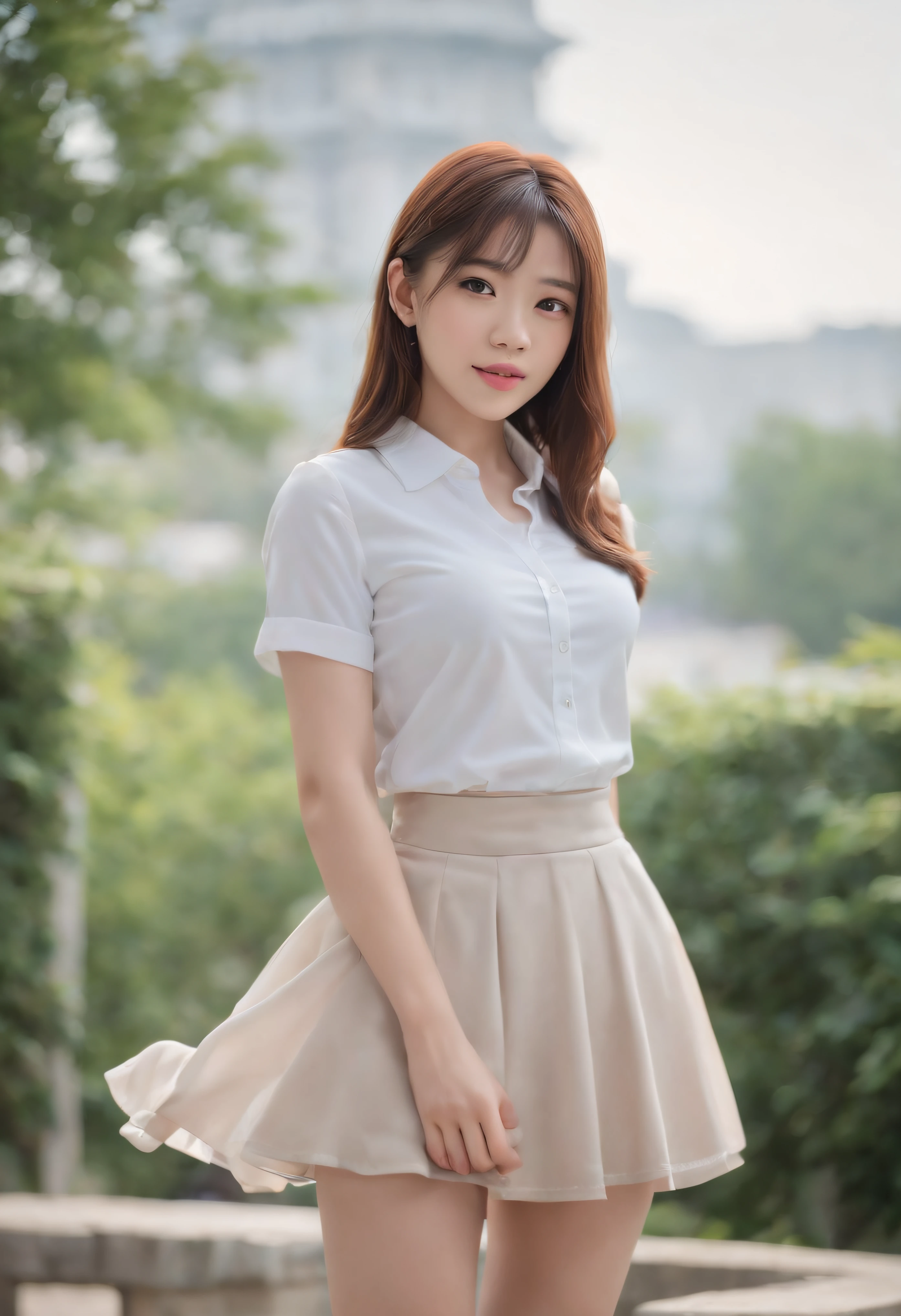 18 years old, Japan female, Long hair, Raw photo, Bokeh (Realism: 1.4, Realistic), high-definition CG unified 8K wallpapers, 1girl in, ((Slim body: 1)), (Small breasts: 1), Back to viewers, ((Direct view from the front)), (HQ Skin: 1.4), 8K UHD, Digital SLR, Soft light, High quality, Film grain, FUJI XT3, ((School uniform, Short skirt,See-through open skirt:1.5)), ((plein air, on the park))) jangjoo, Portrait,((Layered short haircuts, Black Hire,tiny chest:1.2)),(Looking at Viewer:1.4),(Full body:1.8)