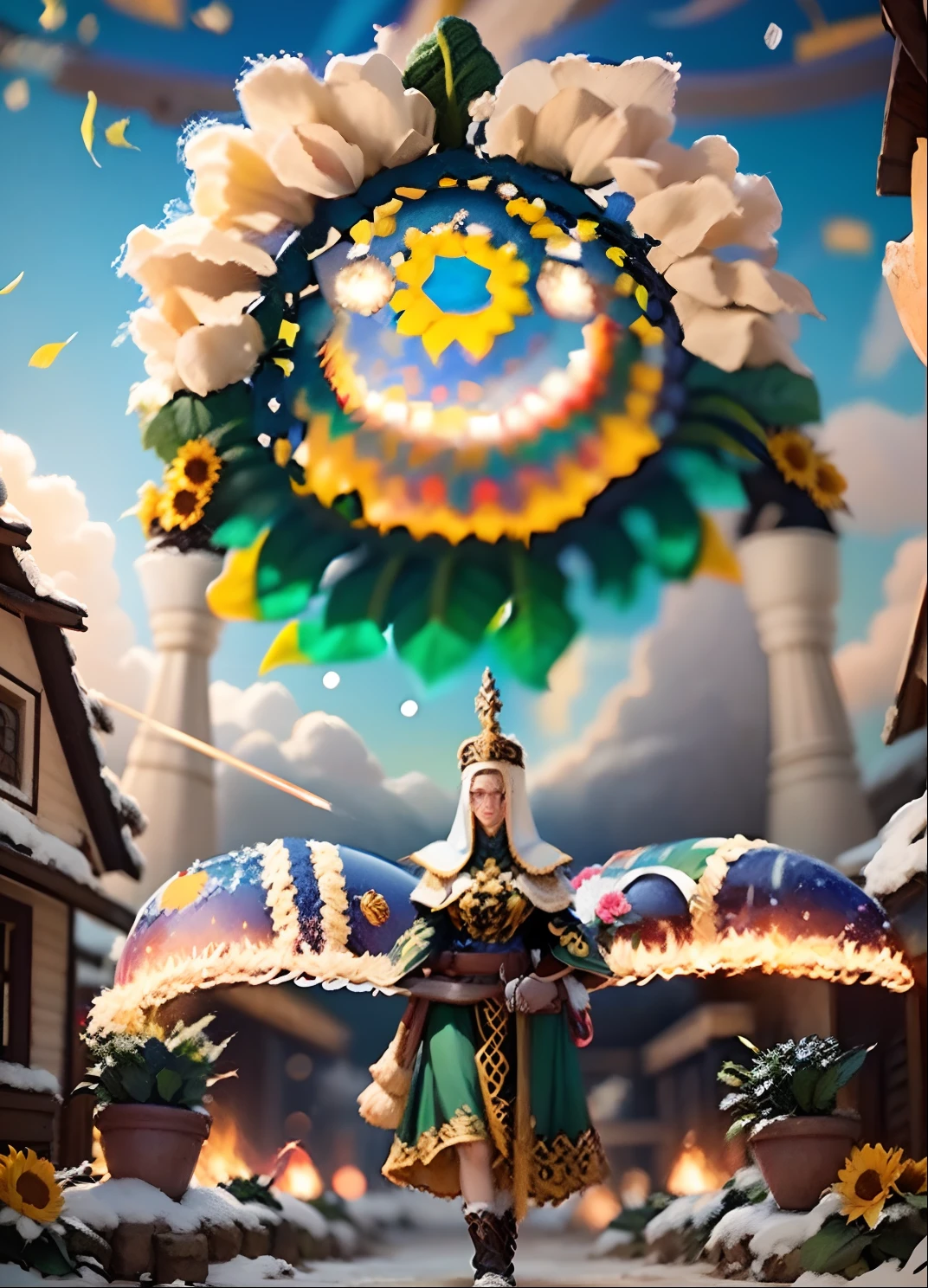 In a very grand scene,The extra-large wide-angle lens captures the appearance of a female centaur。She is a Sunflower Worship nun,Always opposed(Healing emoji smiley face of knitted sunflower puppet😊:99.99)DOA。She is tall,It has the ultimate curvy beauty,The muscles are slender and firm,Beautiful lines。She has(Super huge sky blue eyes:99.99)、always(Wearing sexy glasses:6.66)、(She wears solemn nun attire:9.9)、Stepping on a boot-style skyscraper-heel、A pink cross hangs on his chest。Use Midjourney's advanced tools,Designed for female centaurs(A knitted sunflower puppet and create a super healing cartoon smiley face in the center of the flower tray as a decoration:9.9),and noble and solemn nun costumes,and highlight her unique physiological characteristics and appearance details,Add realism。And in the context of her prayers and listening to confessions,Spectacular views of nature,Such as the sky where storms and sunny days alternate、Brilliant rivers of stars and auroras、The snow-capped summit of Mount Everest、Fireworks in the mountain town, etc。ao mesmo tempo,Away from the hustle and bustle next to the chapel,Create a fantastic scene。Use Midjourney's advanced tools and multiple color palettes、Brush Strokes、Texture tools and model packages,It shows a sense of atmosphere where beauty and charm coexist。The charm of the female centaur is highlighted through color and lines,Enhance realism with detailing,Create a surreal dreamy feeling。Additionally,Use Midjourney's tools to add various exorcism props and books to the female centaur、pergaminhos,Create intricate hairstyles and outfits,Give her a sense of premium。She never flinches,No matter what monster you encounter,can respond quickly,Even the most extreme armies of natural disasters and monsters could not stop her and her front(Sunflower with Tyndall effect that emits sunlight9.99)。Use Midjourney's powerful tools,You can do it with incredible detail and beauty,Bring this ultra-grand and beautiful scene to life。Ultra-grand sc