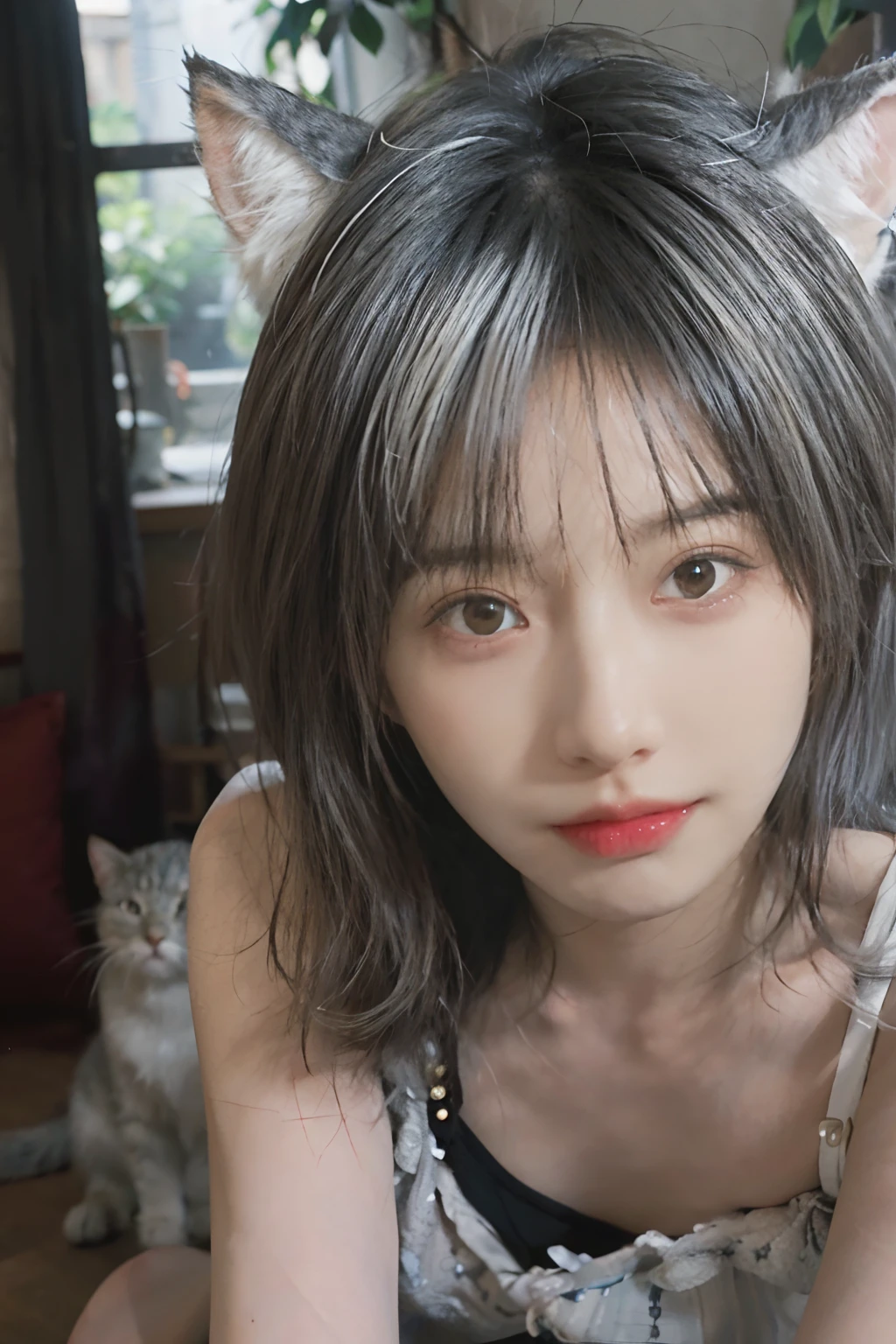 8K,NSFW、(whitish hair) 、White hair、Best Quality, Being on all fours、masutepiece, Ultra High Resolution, (Realism: 1.4), Original photo, Colors inspired by red、(True skin texture: 1.3), (Film grain: 1.3), Beautiful eyes and face details, shorten the head、masutepiece, Best Quality, close up, Full body, Look at the viewer,Blue Ribbon、Bob cut with gray hair、18year old、White cat ears