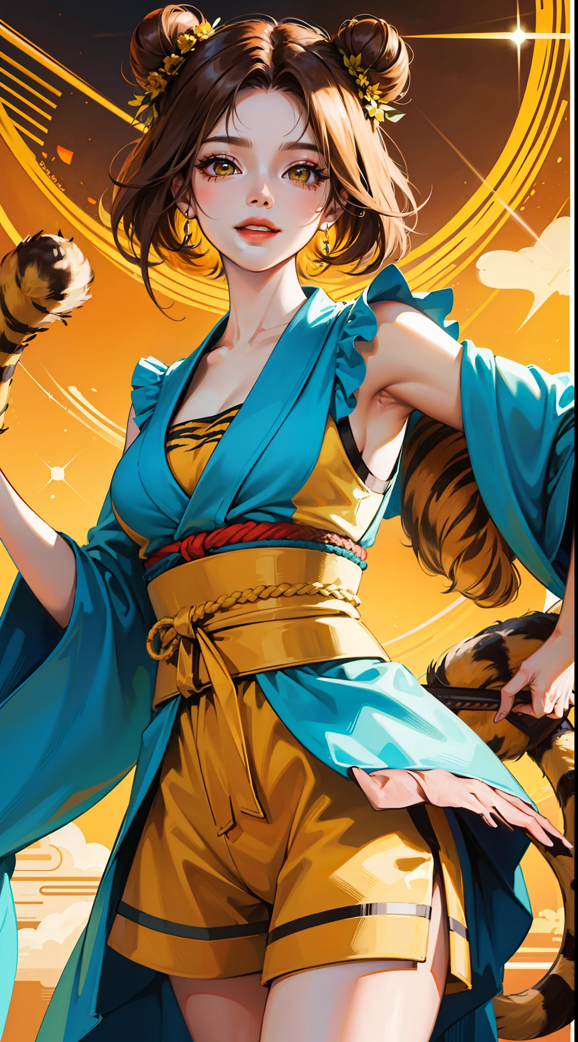 young girl, short brown hair, Two buns, Yellow eyes, Smile, tiger tail, Blue kimono, Gold Details, Sleeveless, Shorts, Masterpiece, hiquality, 4k, HD, Good detail