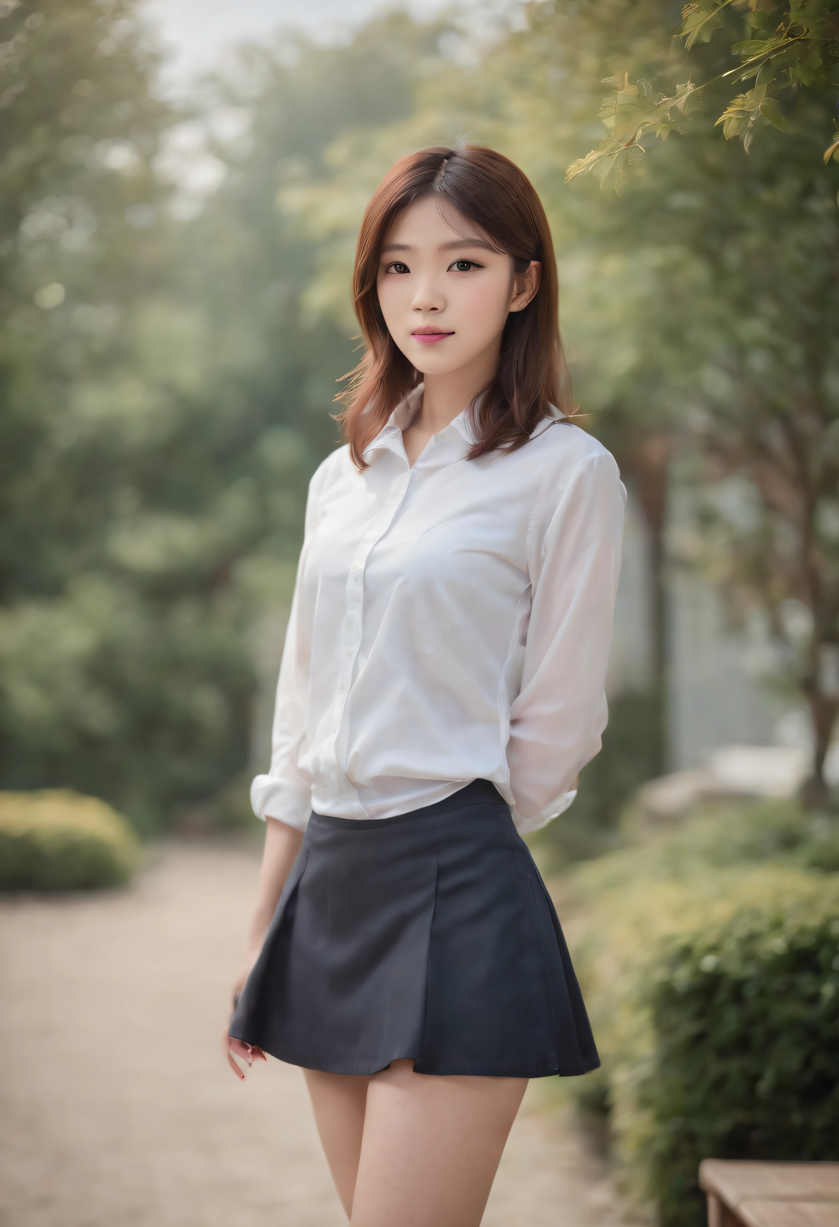 18 years old, Japan female, Long hair, Raw photo, Bokeh (Realism: 1.4, Realistic), high-definition CG unified 8K wallpapers, 1girl in, ((Slim body: 1)), (Small breasts: 1), Back to viewers, ((Direct view from the front)), (HQ Skin: 1.4), 8K UHD, Digital SLR, Soft light, High quality, Film grain, FUJI XT3, ((School uniform, Short skirt,See-through open skirt:1.5)), ((plein air, on the park))) jangjoo, Portrait,((Layered short haircuts, Black Hire,tiny chest:1.2)),(Looking at Viewer:1.4),(Full body:1.8)