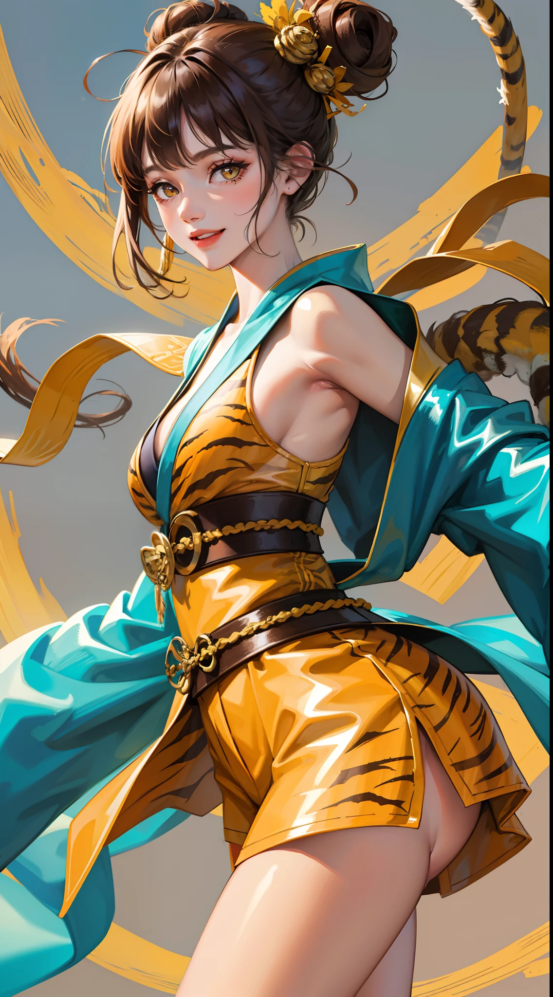 young girl, short brown hair, Two buns, Yellow eyes, Smile, tiger tail, Blue kimono, Gold Details, Sleeveless, Shorts, Masterpiece, hiquality, 4k, HD, Good detail