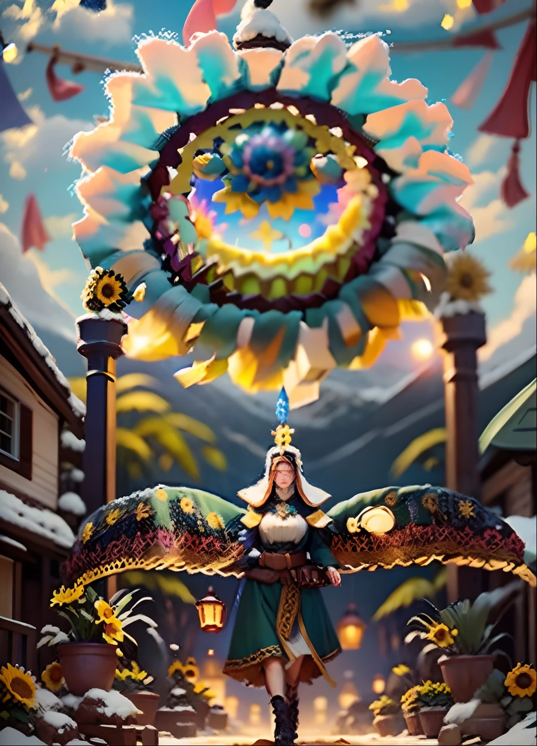 In a very grand scene，The extra-large wide-angle lens captures the appearance of a female centaur。She is a Sunflower Worship nun，Always opposed（Healing emoji smiley face of knitted sunflower puppet😊：99.99）DOA。She is tall，It has the ultimate curvy beauty，The muscles are slender and firm，Beautiful lines。She has（Super huge sky blue eyes：99.99）、always（Wearing sexy glasses：6.66）、（She wears solemn nun attire：9.9）、Stepping on a boot-style skyscraper-heel、A pink cross hangs on his chest。Use Midjourney's advanced tools，Designed for female centaurs（A knitted sunflower puppet and create a super healing cartoon smiley face in the center of the flower tray as a decoration：9.9），and noble and solemn nun costumes，and highlight her unique physiological characteristics and appearance details，Add realism。And in the context of her prayers and listening to confessions，Spectacular views of nature，Such as the sky where storms and sunny days alternate、Brilliant rivers of stars and auroras、The snow-capped summit of Mount Everest、Fireworks in the mountain town, etc。ao mesmo tempo，Away from the hustle and bustle next to the chapel，Create a fantastic scene。Use Midjourney's advanced tools and multiple color palettes、Brush Strokes、Texture tools and model packages，It shows a sense of atmosphere where beauty and charm coexist。The charm of the female centaur is highlighted through color and lines，Enhance realism with detailing，Create a surreal dreamy feeling。Additionally，Use Midjourney's tools to add various exorcism props and books to the female centaur、pergaminhos，Create intricate hairstyles and outfits，Give her a sense of premium。She never flinches，No matter what monster you encounter，can respond quickly，Even the most extreme armies of natural disasters and monsters could not stop her and her front（Sunflower with Tyndall effect that emits sunlight9.99）。Use Midjourney's powerful tools，You can do it with incredible detail and beauty，Bring this ultra-grand and beautiful scene to life。Ultra-grand sc