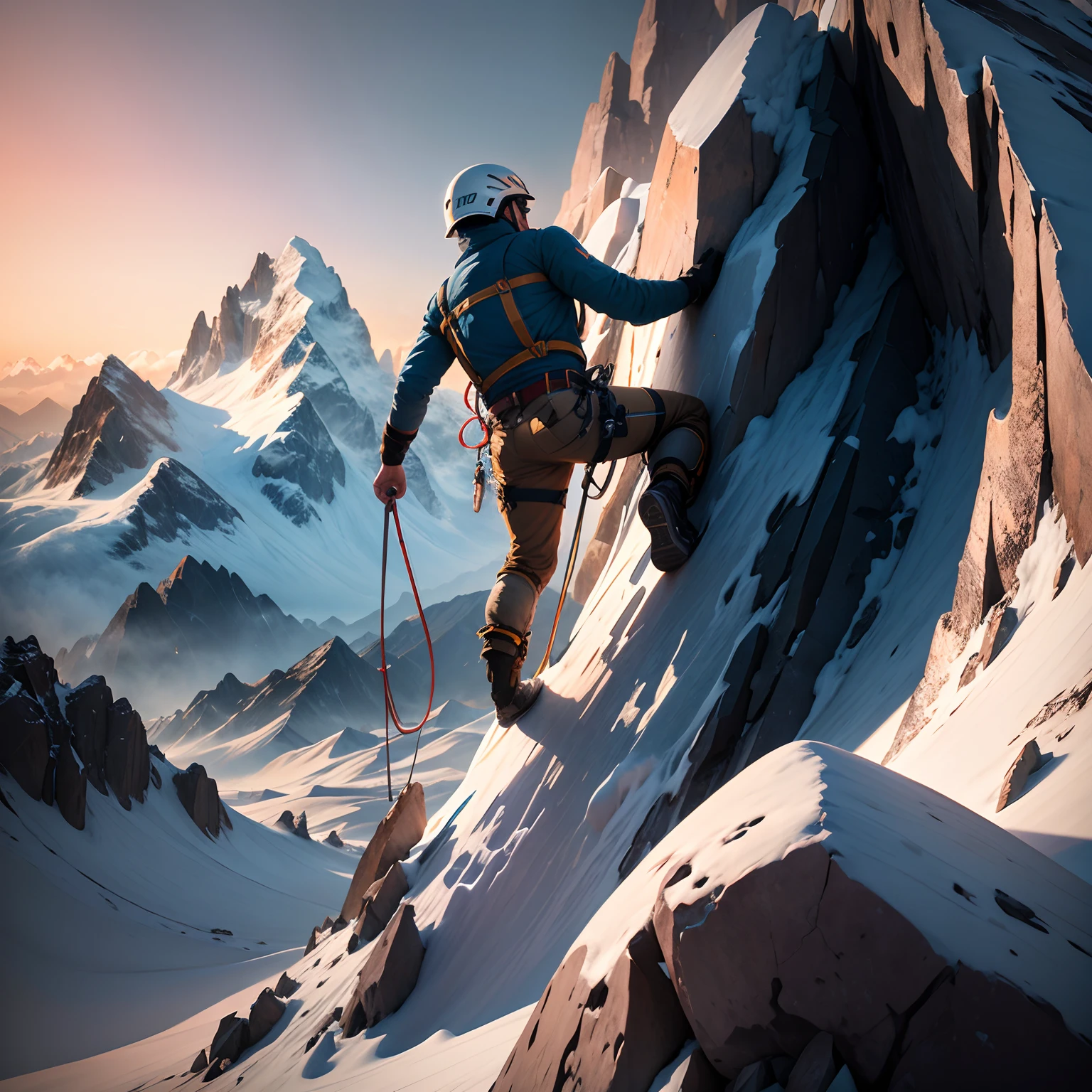 A man climbing alpine futurism, post impressionist, Depth of field, Cinematic lighting, Ray tracing, mosaic art, 16k