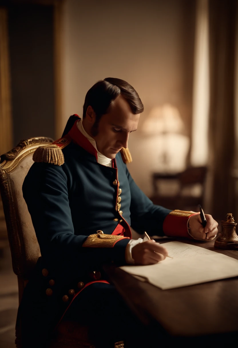 A Napoleon Bonaparte writing letters on his table , cinematic,