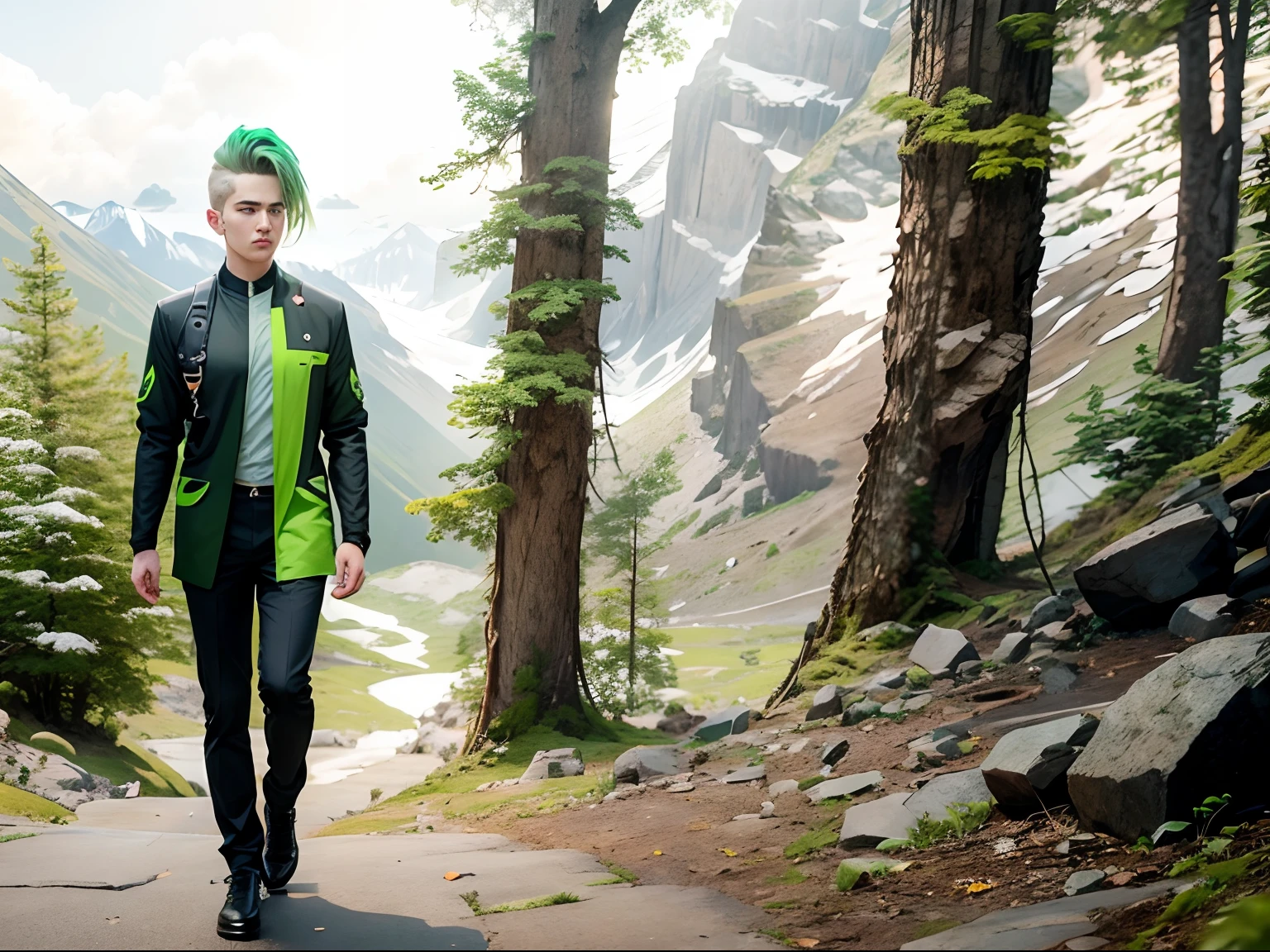 Change background green natural mountain realistic face boy dress Neon colour effect best hairstyle Ultra realistic 8k real face