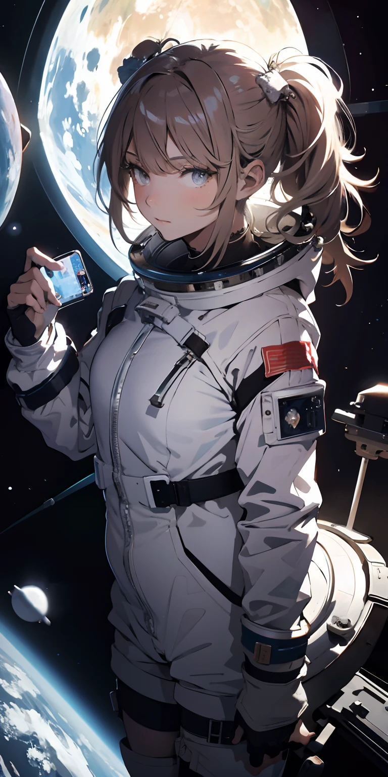 Absurd resolution, high resolution, (masterpiece:1.4), ultra-detailed, 1girl, in a spacesuit, seen from above, space, floating, satellite, outer space operation, wide-angle lens distortion