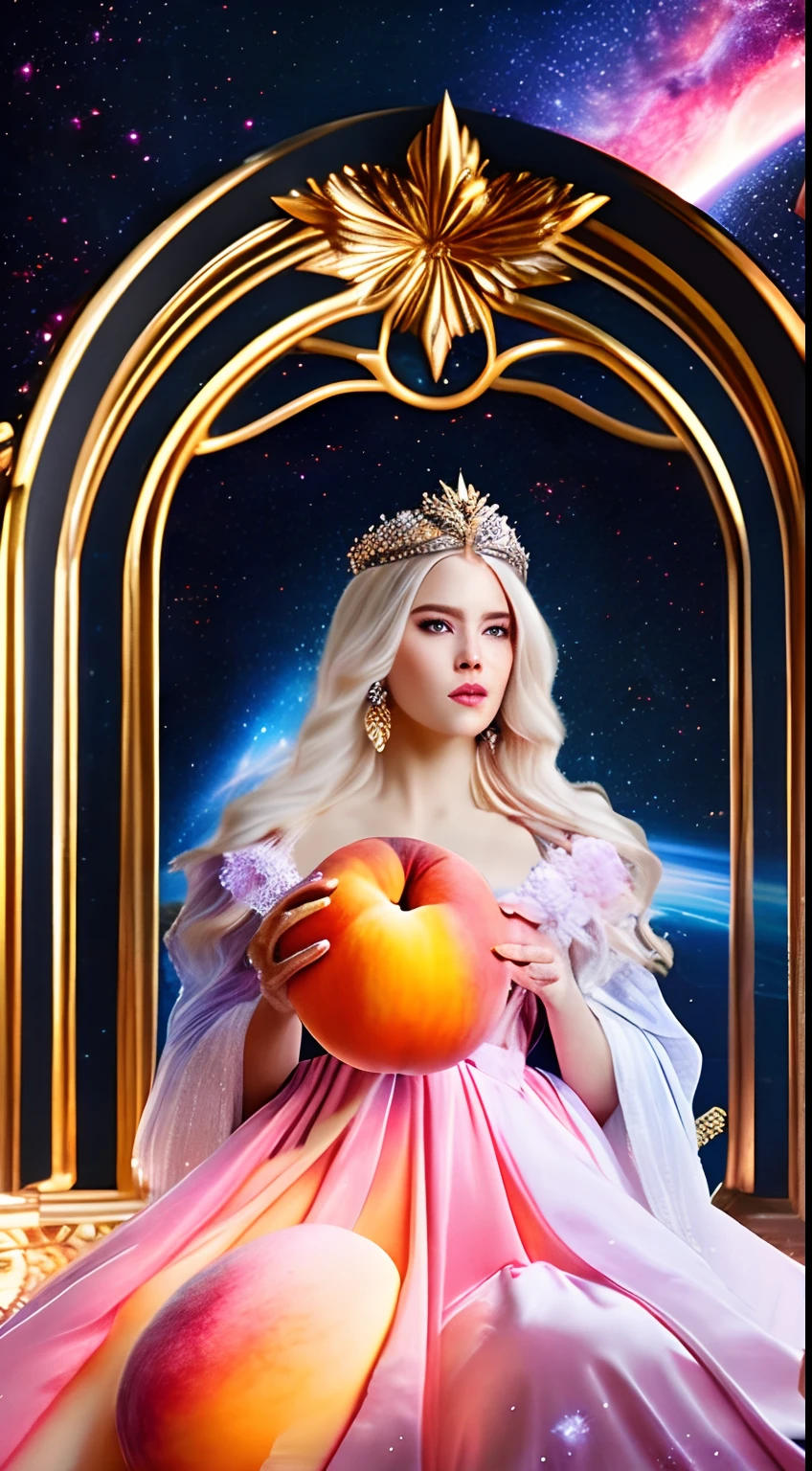 Super high resolution, best qualityer, Photo, 16k, (photorealestic: 1.2), 电影灯光, Peaches in the form of mythological gods. Draw a peach shrouded in a radiant aura, Put them on magnificent thrones against the cosmic background, Soar on a crystal throne, Soar over crystalline clouds, Surrounded by the splendor of the universe. Pay close attention to stunning details and achieve 64K resolution,for an immersive and realistic visual experience. Let your work capture the essence of myth and wonder, Let the audience tremble for her beauty and power. peaches