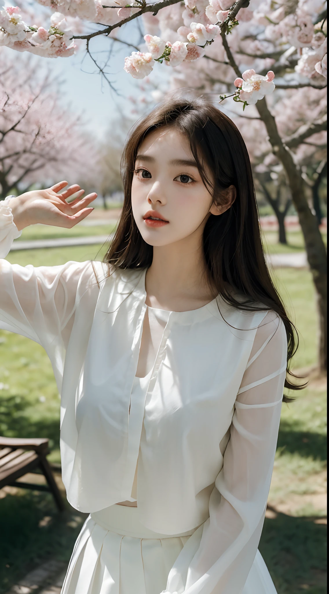 (Best quality, Masterpiece，16k), 1girll, Korean girl，18yr old，Absolutely beautiful, Amazing, In the park，Under the peach blossoms，Noble,perfect bodies, Perfect face shape，Charming eyes，Bright big eyes，Long eyelashes，sensual lip，White skin，The gauze skirt flew up，Very real，goodlooking，Ethereal beauty