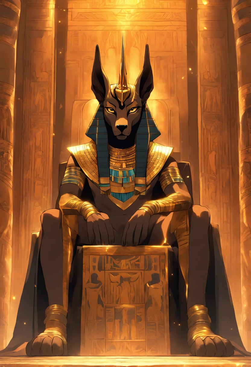 Egyptian kingdom, man, wearing the head of an anubis dog, tense atmosphere, sitting on the throne