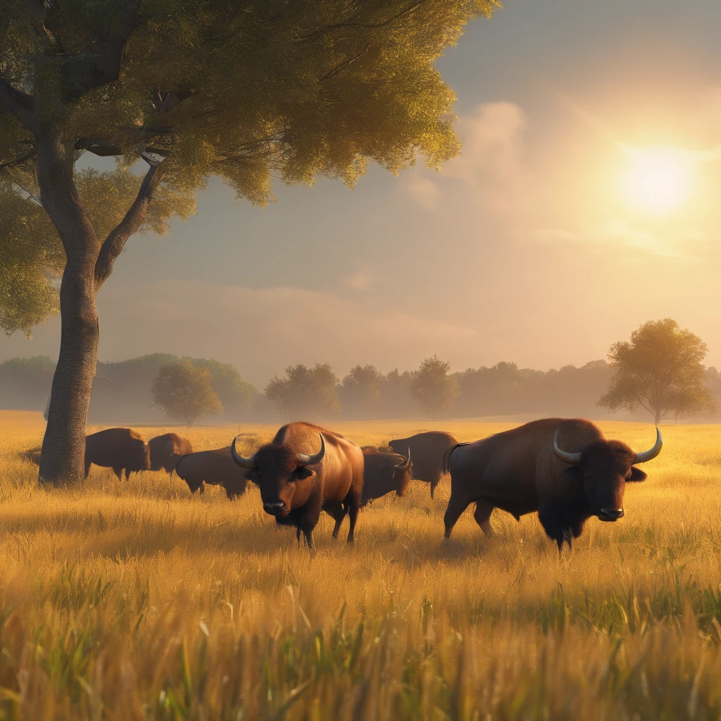 Buffaloes graze in the fields.