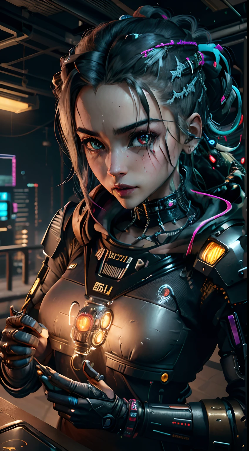 Motor irreal:1.4,UHD,melhor qualidade:1.4, fotorrealista:1.4, textura da pele:1.4, obra prima:1.8, 1 homem Cyberpunk, cabelos pretos, pele brilhante, 1 orange mechanical man, (Detalhes super realistas)), corpo inteiro, global ilumination, contraste, Umbroso, octane rendering, ultrasharp, Decote exposto, Pele crua, metal,Intricate details of yellow decoration, Japan Details, Detalhado alto intrincado, Luz realista, Trends in CG, in front of camera, Neon details, machanical limbs, blood vessels attached to tubes, mechanical vertebrae attached to the back, mechanical cervical attachment to the neck, wires and cables connecting to head, Gundam, small LED lamps.、cabelos prateados、Pupilas perfeitamente redondas、Trembling irisディテール, Sorriso leve,(Cyberpunk:1.3)