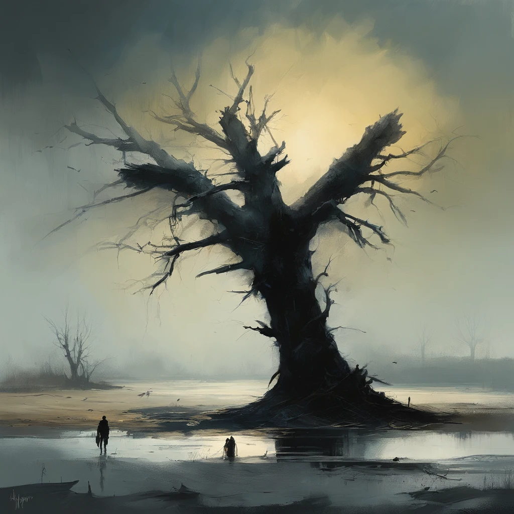 Two crows on a dead tree, Shadow in the shape of a walker, star night, Thick fog on the ground, Blue light on the horizon, Motor Unreal 5, cinematic ligh, low angle photography, Motion blur, depth of fields, Dust, Cobblestones and dirt. splashart, Drop ink. Perfect color classification. Influenced by Karel Appel and Jeremy Mann, Full of dramatic and threatening scenes, ultra - detailed, Beautiful, insanely details, intricately details, editorial photography, shot with a 50mm lens, depth of fields, Tilt Blur, Shutter Speed 1/1000, f/22. Lightmaps, Super bright