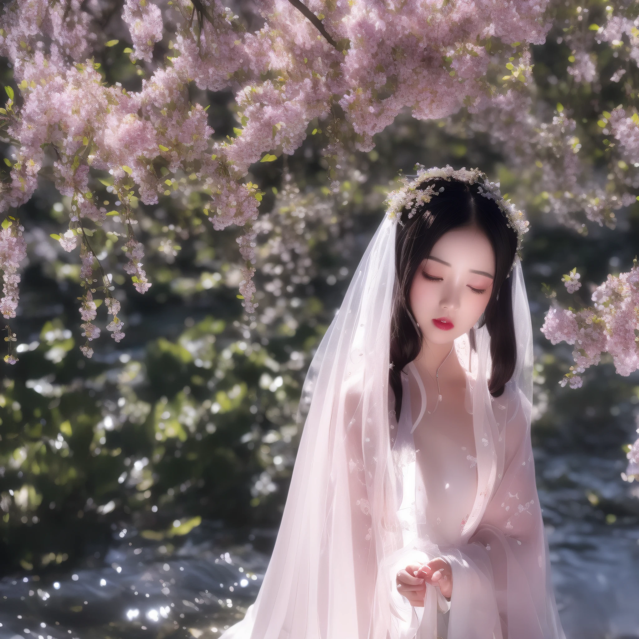 best quality, ultra high res, (photorealistic:1.8), 1girl, blue_sky, blurry, blurry_background, blurry_foreground, branch, bridal_veil, bride, cherry_blossoms, chinese_clothes, curtain_grab, curtains, day, depth_of_field, flower, hanami, hanfu, lips, long_hair, outdoors, parted_lips, petals, pink_flower, pink_theme, plum_blossoms, shawl, solo, solo_focus, spring_\(season\), tree, upper_body, veil, wedding, wedding_dress, wisteria,side face,chin down