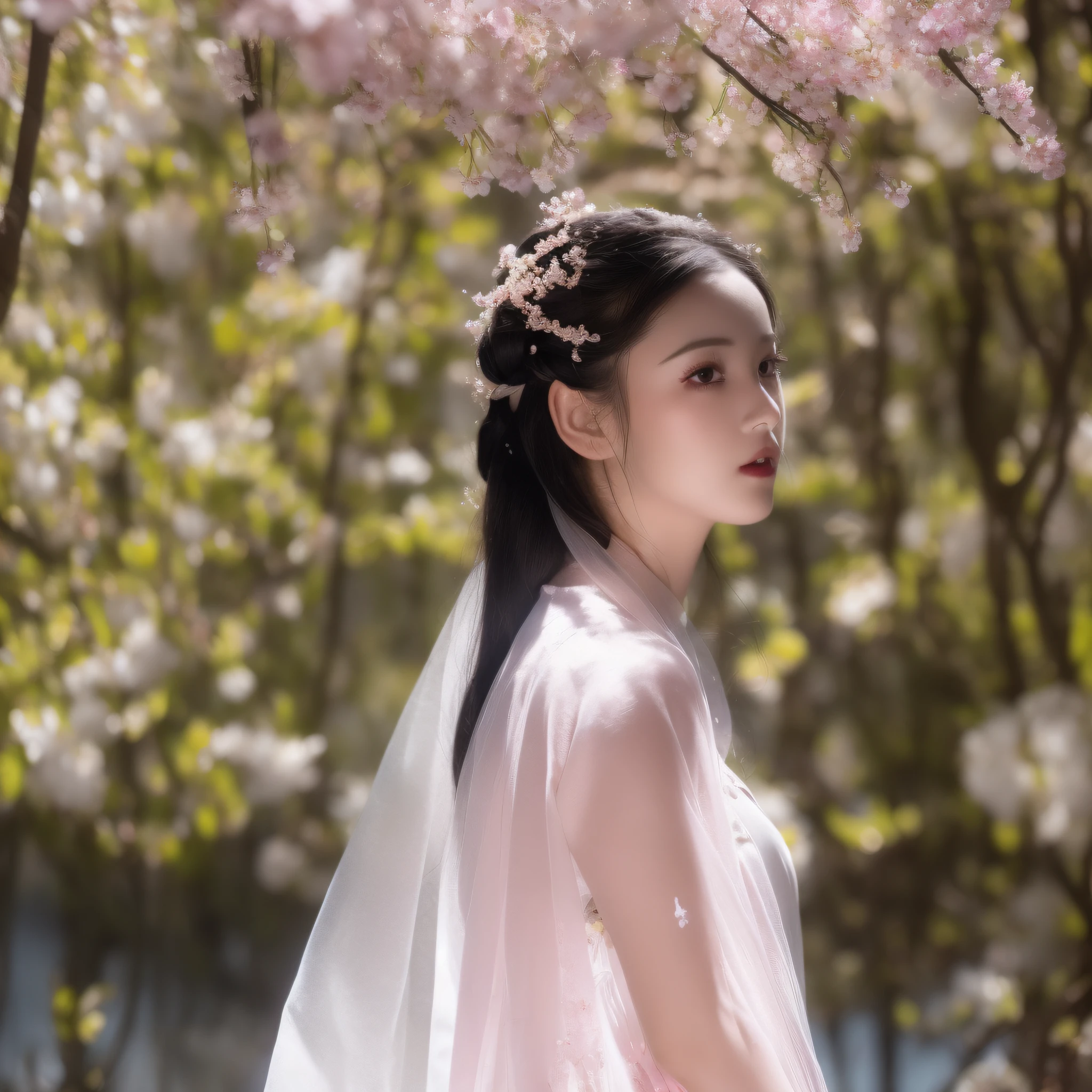 best quality, ultra high res, (photorealistic:1.8), 1girl, blue_sky, blurry, blurry_background, blurry_foreground, branch, bridal_veil, bride, cherry_blossoms, chinese_clothes, curtain_grab, curtains, day, depth_of_field, flower, hanami, hanfu, lips, long_hair, outdoors, parted_lips, petals, pink_flower, pink_theme, plum_blossoms, shawl, solo, solo_focus, spring_\(season\), tree, upper_body, veil, wedding, wedding_dress, wisteria,side face,chin down