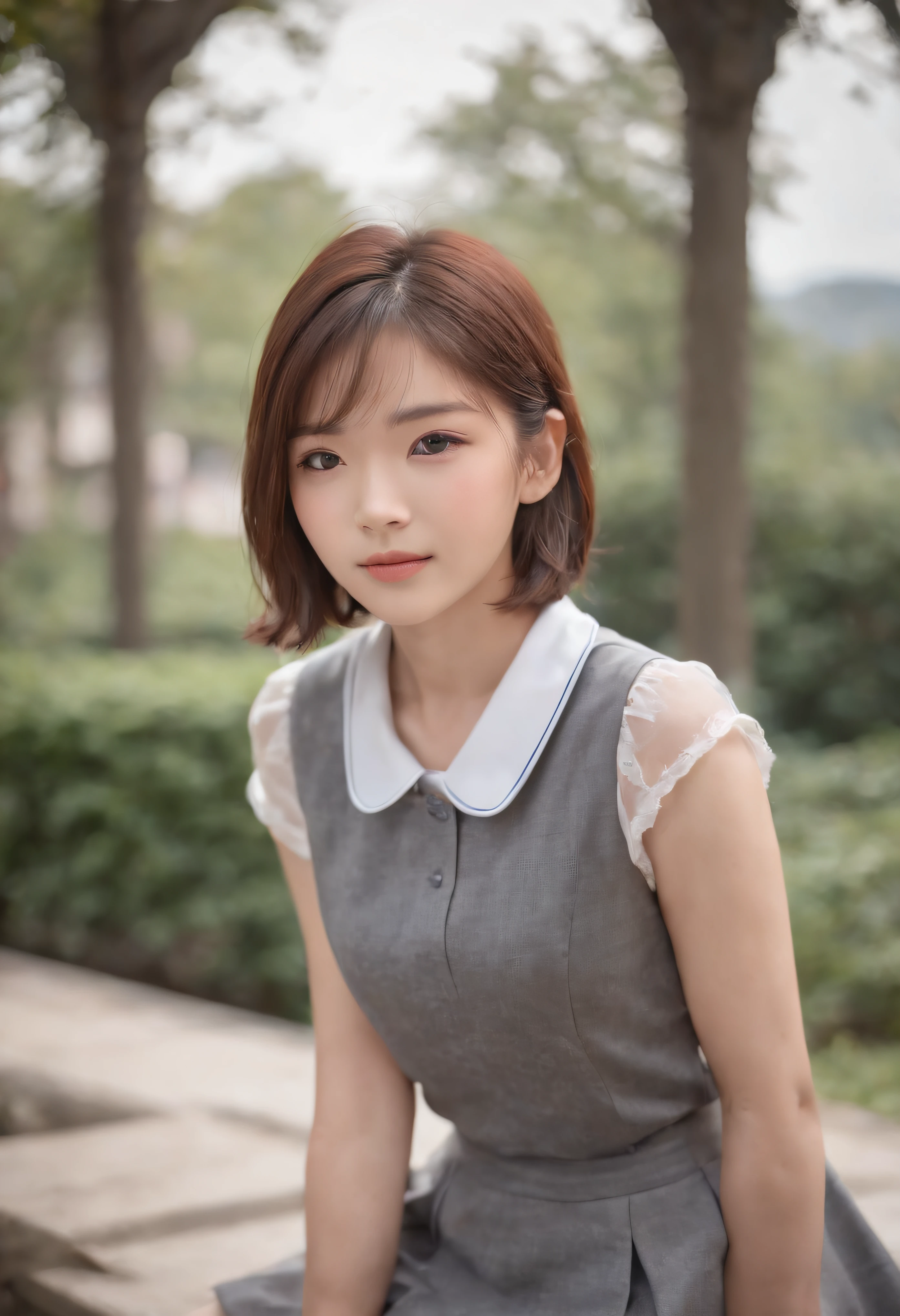 18 years old, Japan female, Long hair, Raw photo, Bokeh (Realism: 1.4, Realistic), high-definition CG unified 8K wallpapers, 1girl in, ((Slim body: 1)), (Small breasts: 1), Back to viewers, ((Direct view from the front)), (HQ Skin: 1.4), 8K UHD, Digital SLR, Soft light, High quality, Film grain, FUJI XT3, ((School uniform, Short skirt,See-through open skirt:1.5)), ((plein air, on the park))) jangjoo, Portrait,((Layered short haircuts, Black Hire,tiny chest:1.2)),(Looking at Viewer:1.4),(Full body:1.8)