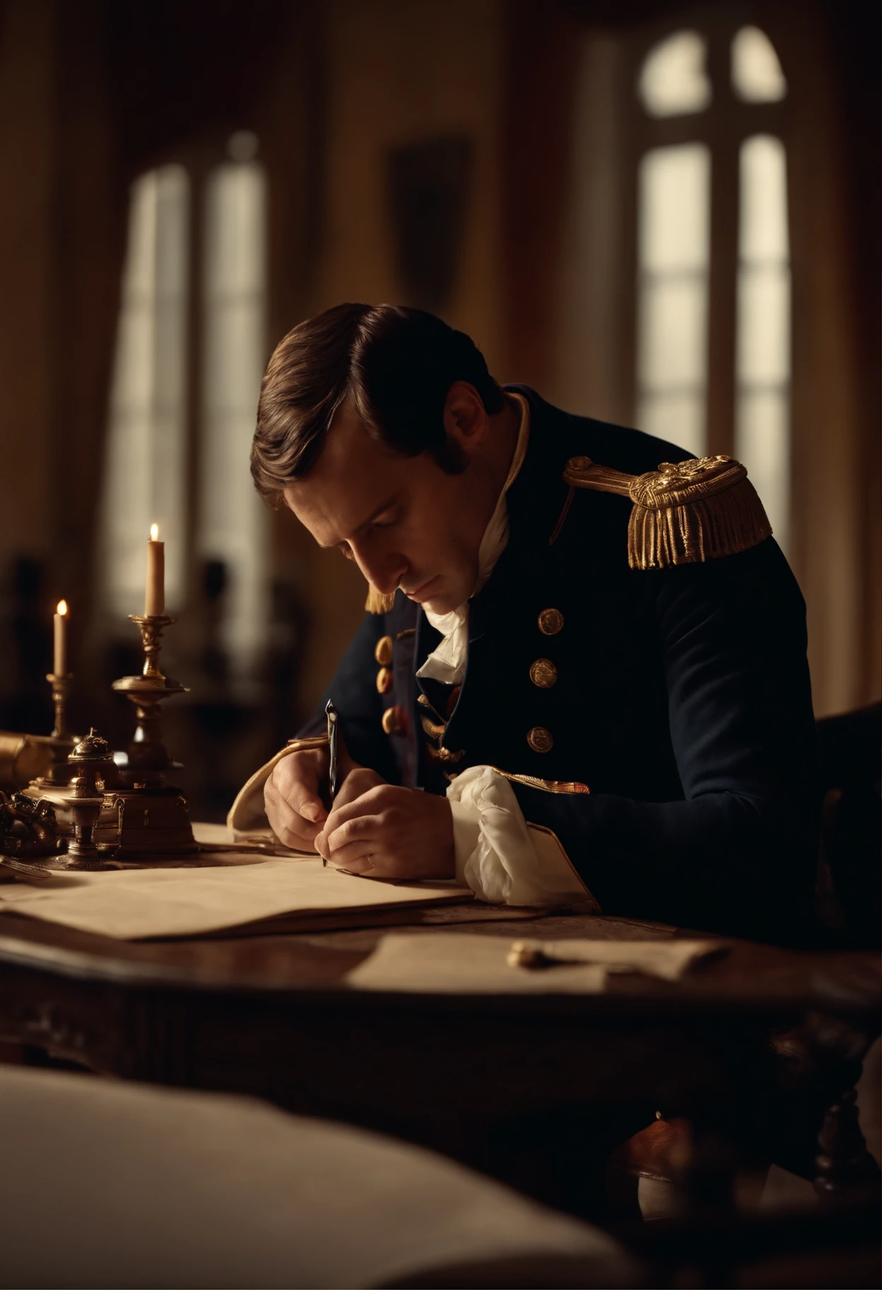 A Napoleon Bonaparte writing letters on his table , cinematic,