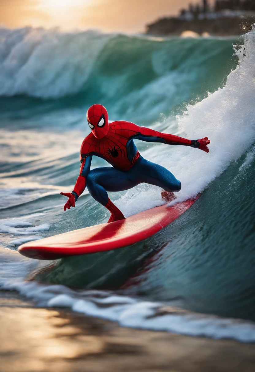 Spider-Man surfing on a surfboard